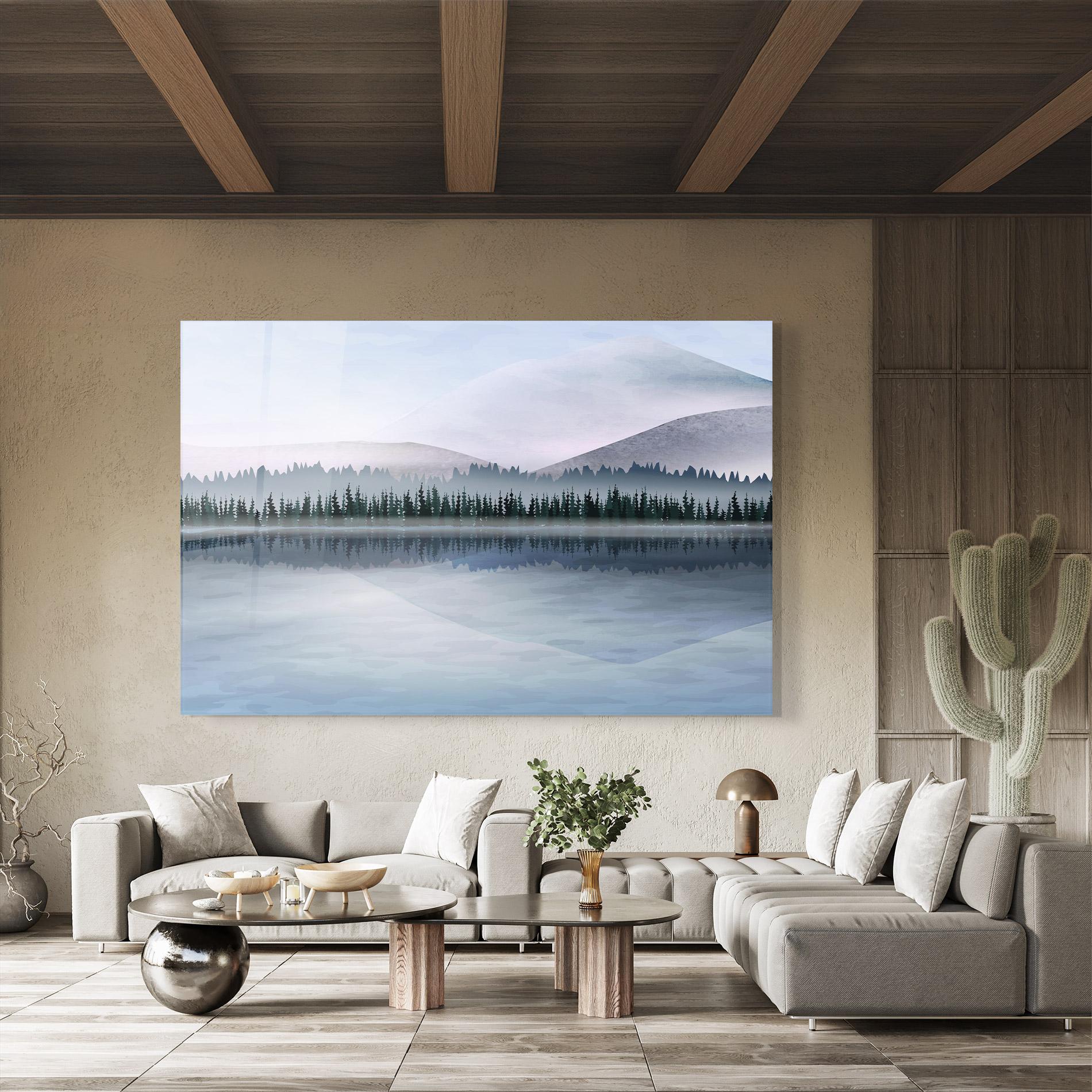 Tablou Sticla Grey Lake Trees mockup 8