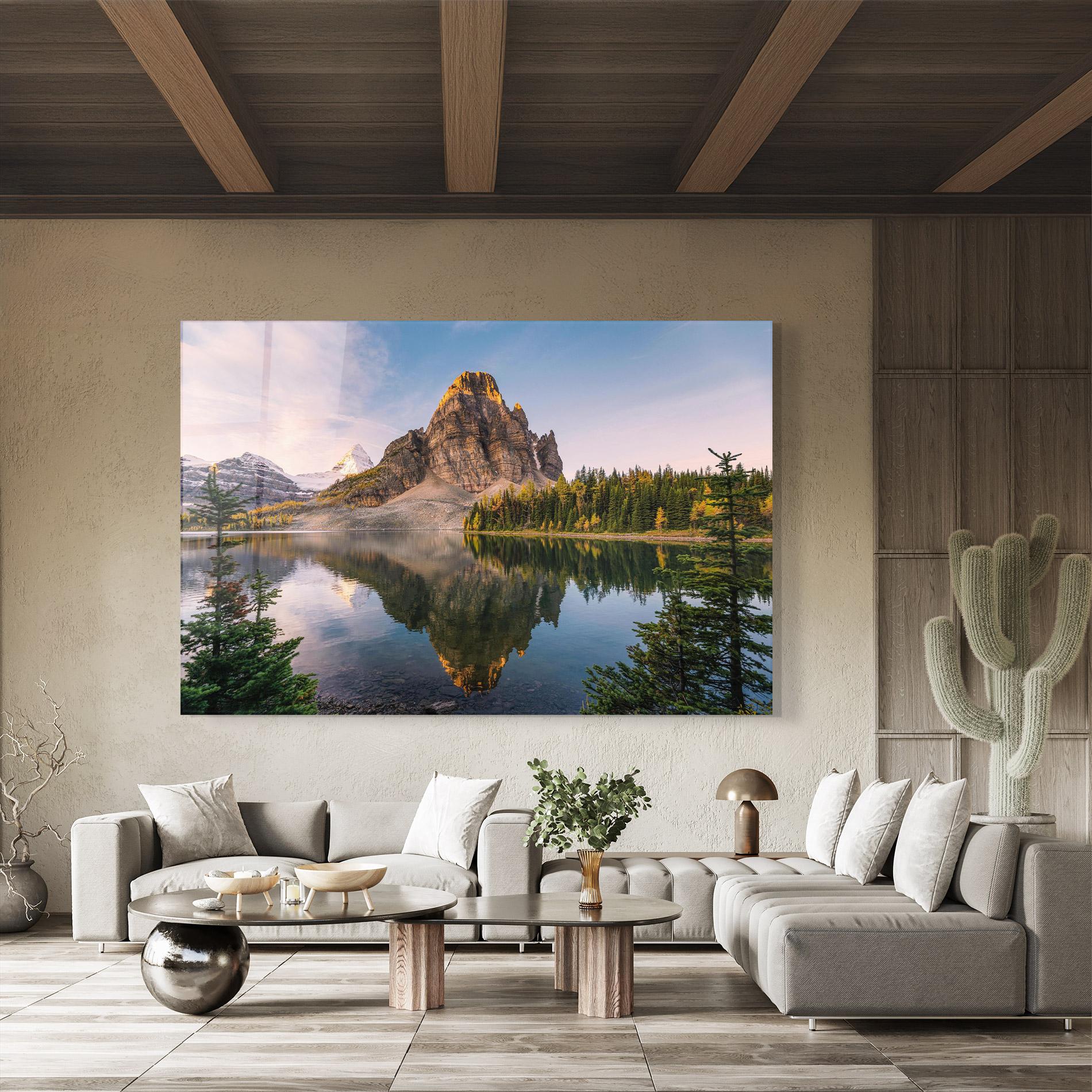 Tablou Sticla Mountain Sunrise Lake mockup 8