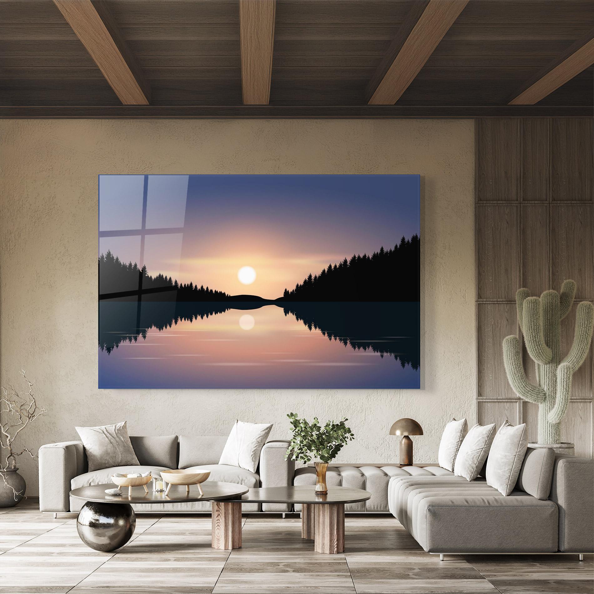 Tablou Sticla Sunset Forest Lake mockup 8