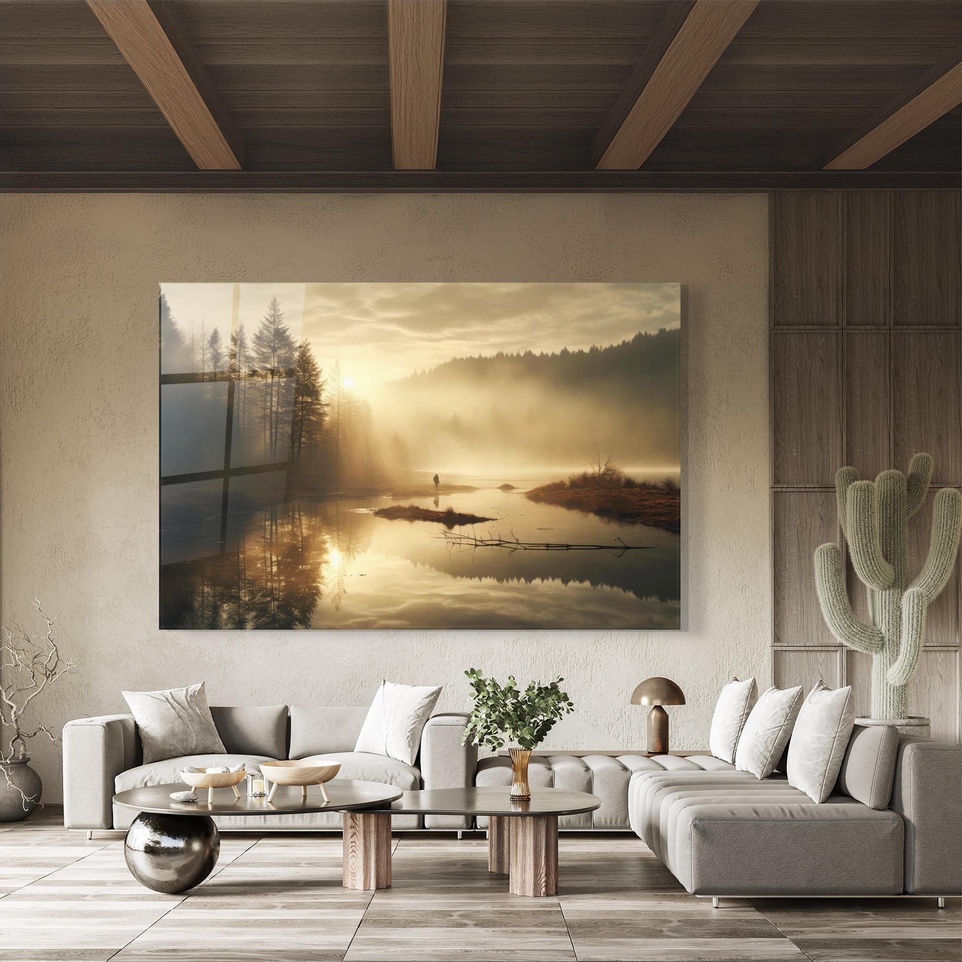 Tablou Sticla The Sun Is Rising Over A River In A Foggy Forest mockup 8