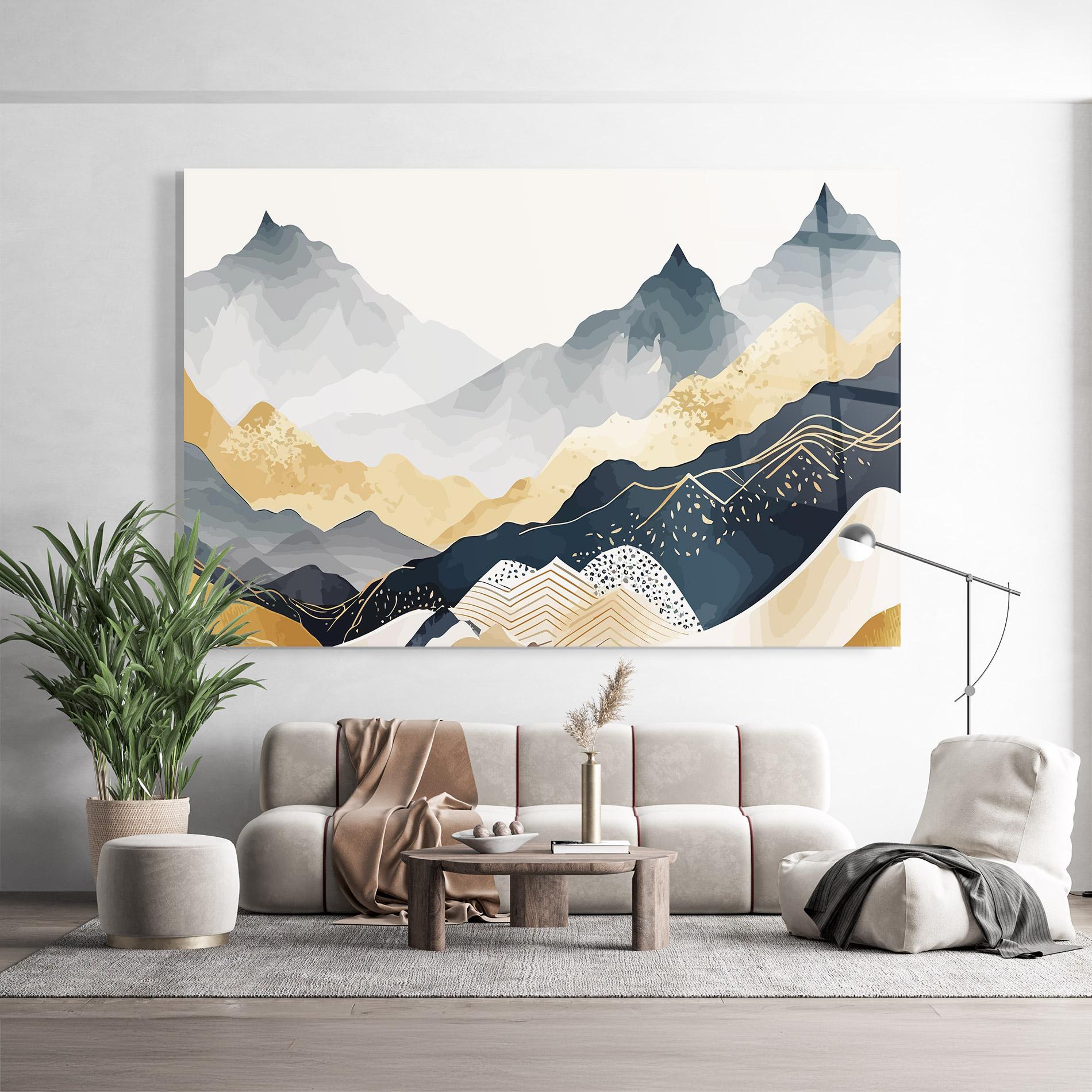 Tablou Sticla Blue Gold Mountain mockup 9