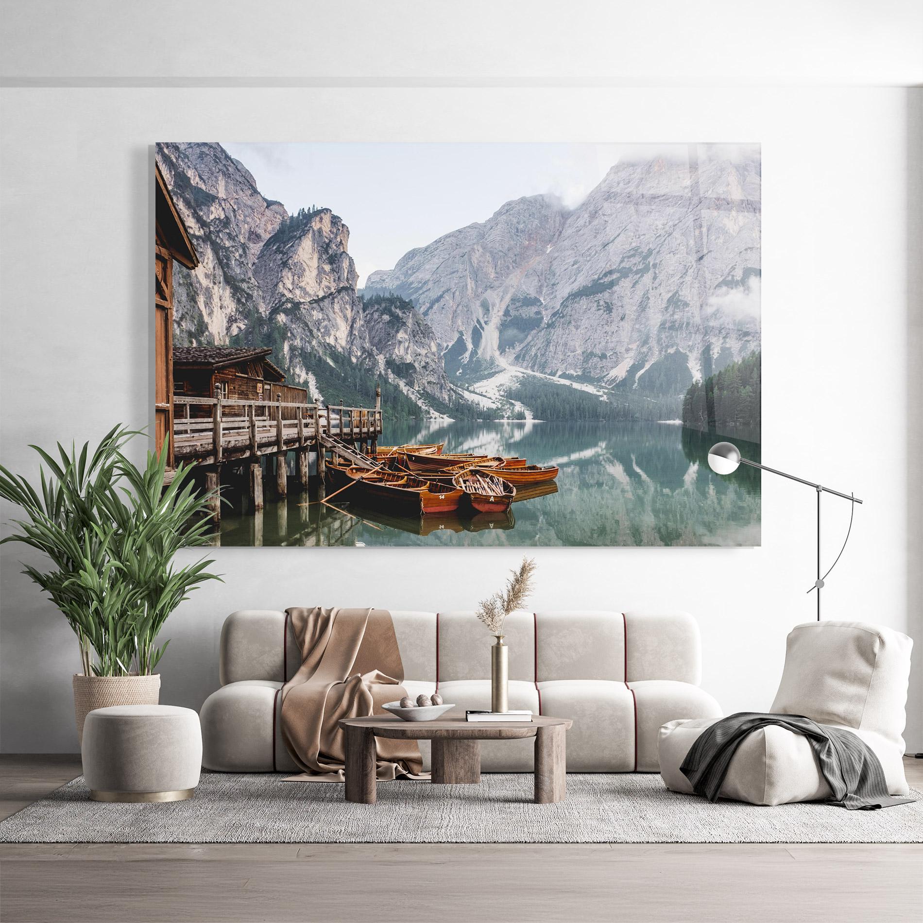 Tablou Sticla Boat Lake Mountain mockup 9