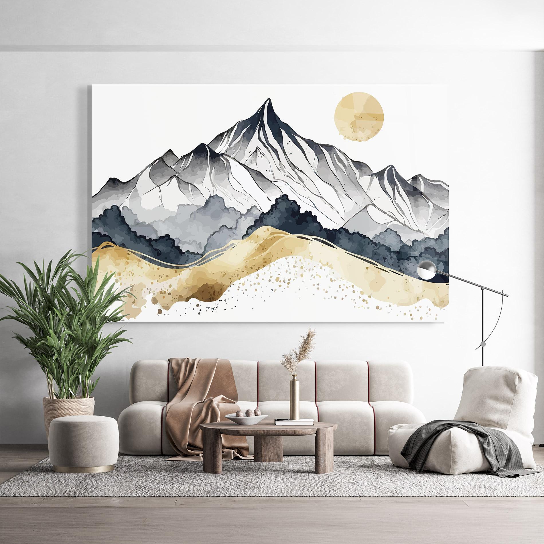 Tablou Sticla Grey Gold Mountain mockup 9