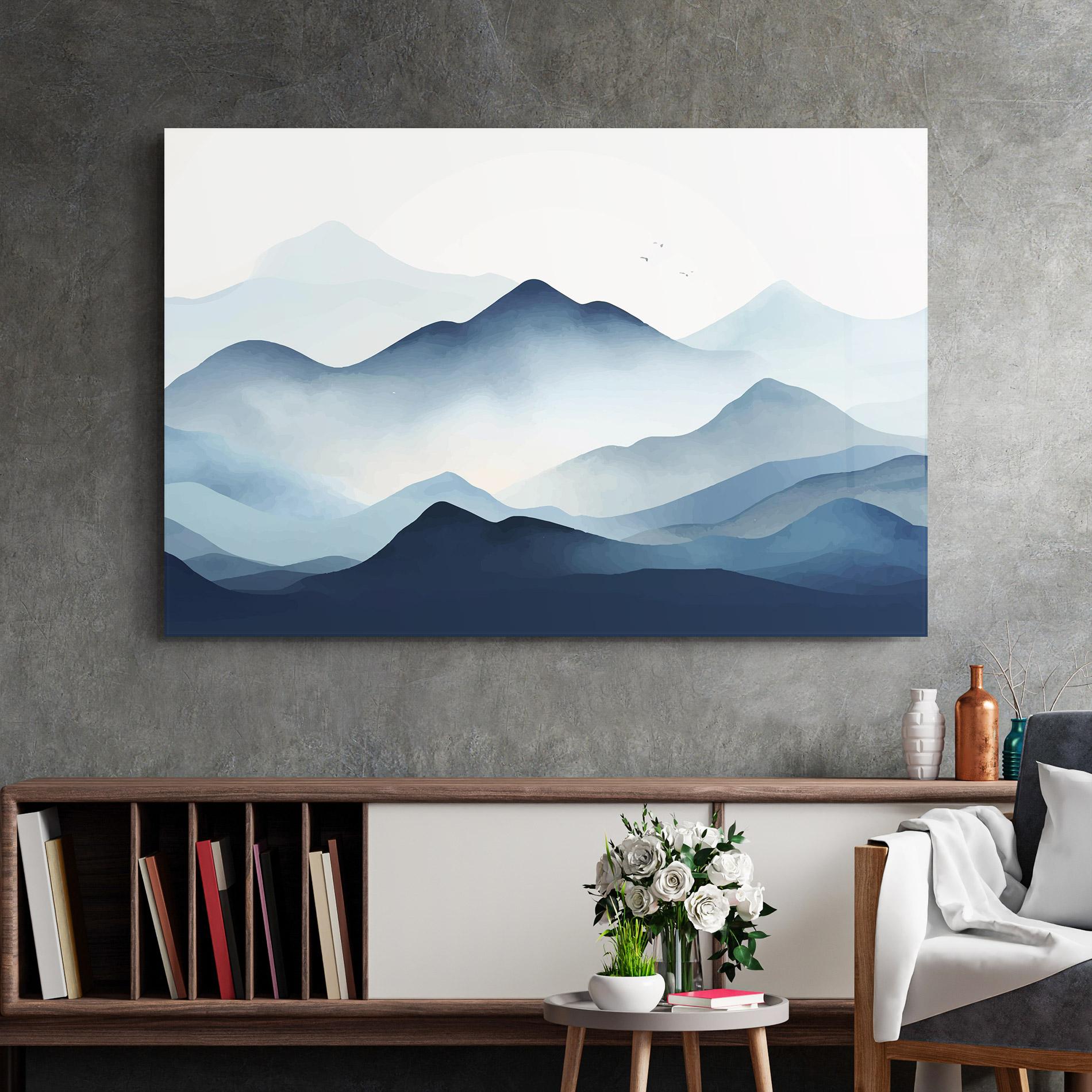 Tablou Sticla Blue Foggy Mountain mockup 2