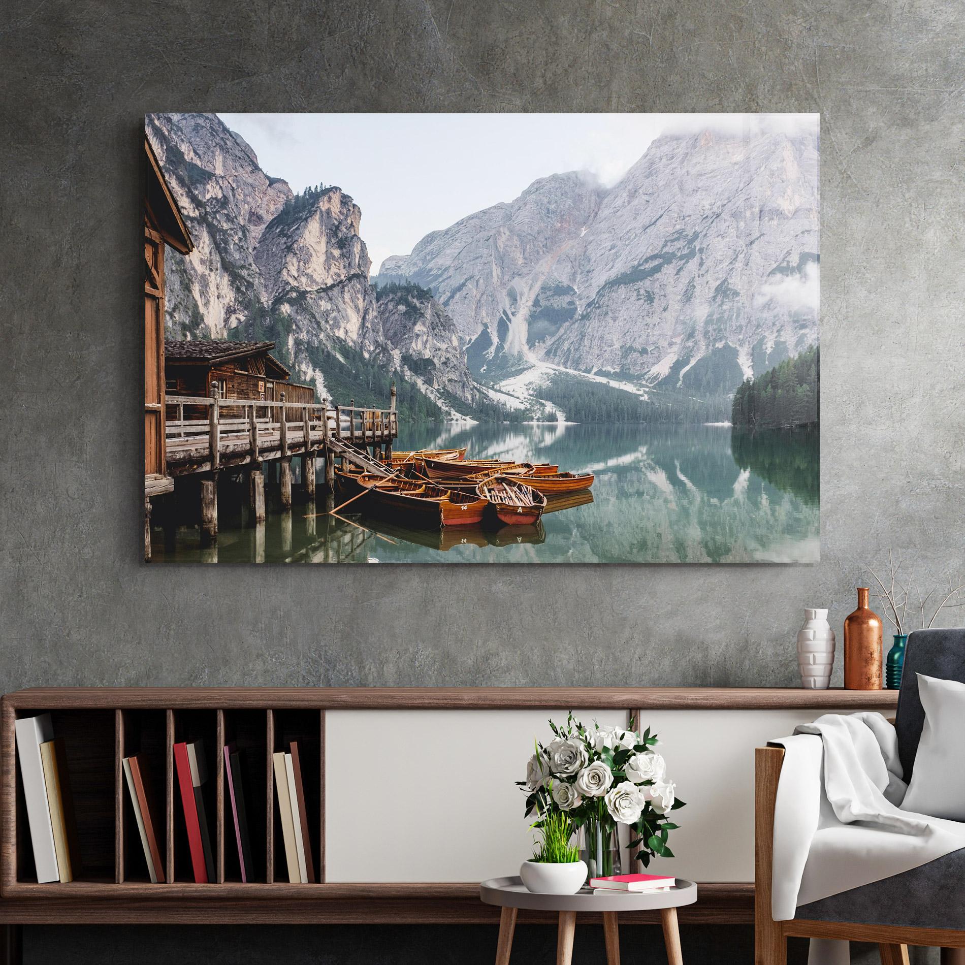 Tablou Sticla Boat Lake Mountain mockup 2