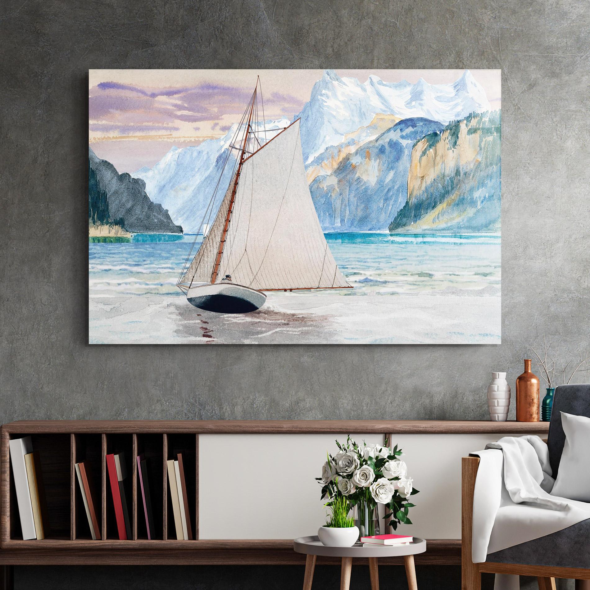 Tablou Sticla Boat Mountain View mockup 2