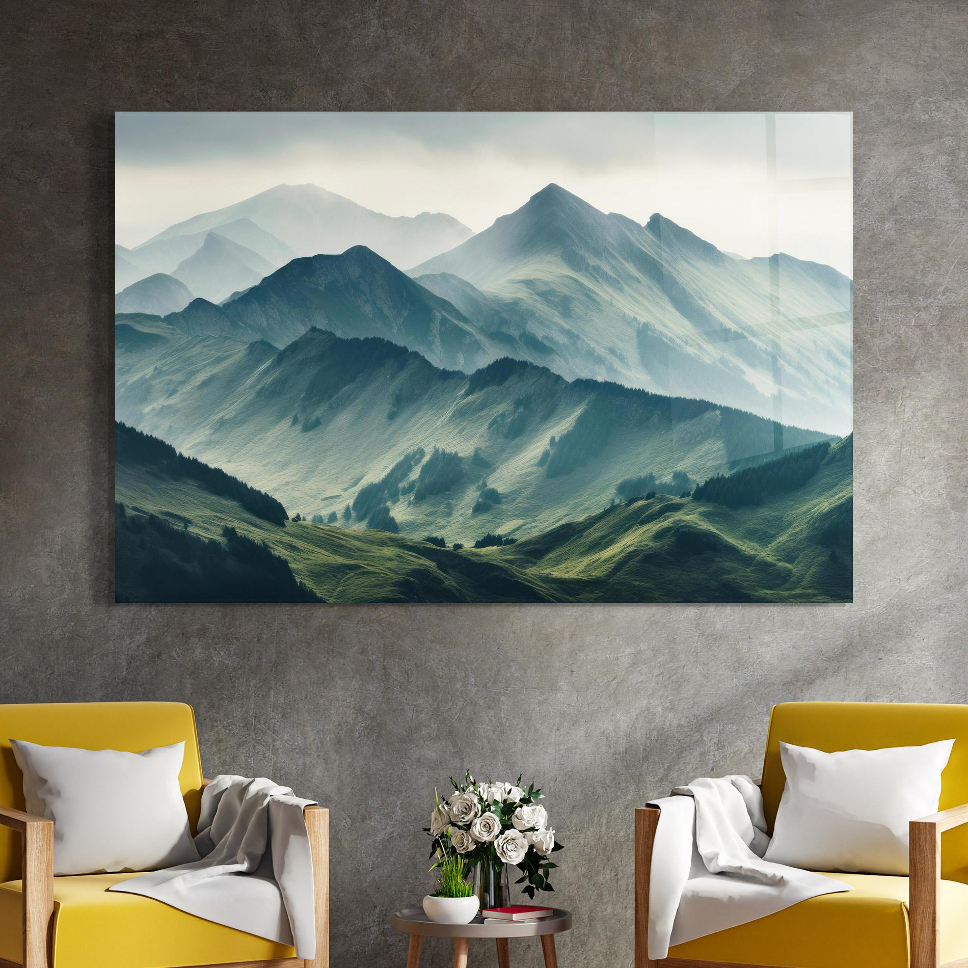 Tablou Sticla Amazing Foggy Mountain mockup 4