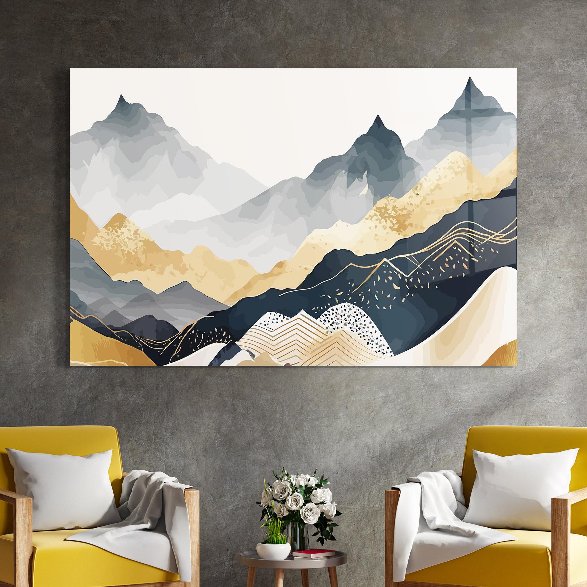 Tablou Sticla Blue Gold Mountain mockup 4