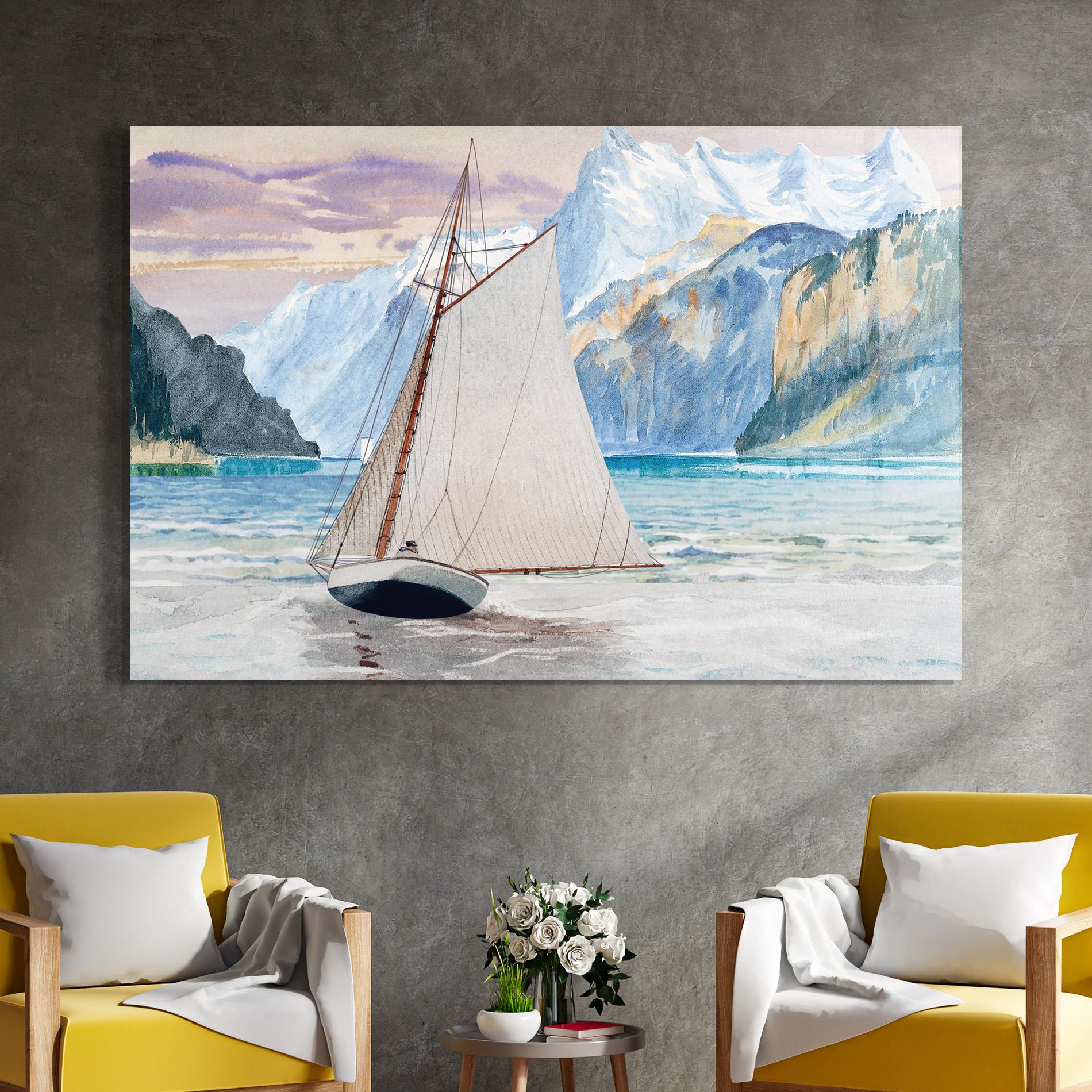 Tablou Sticla Boat Mountain View mockup 4