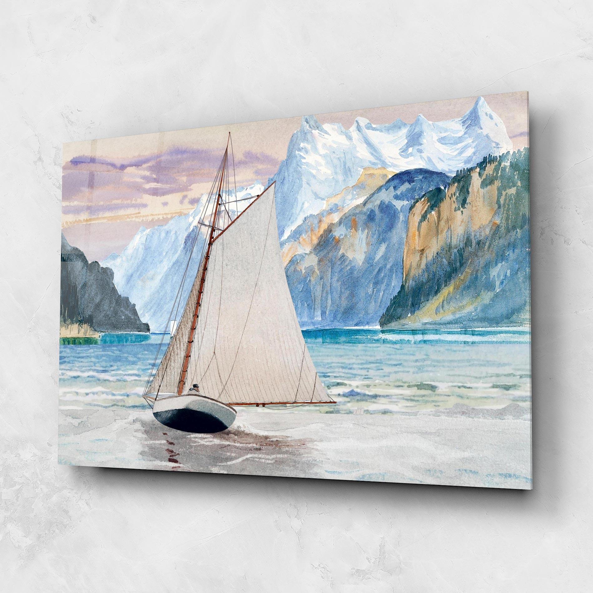 Tablou Sticla Boat Mountain View mockup 1