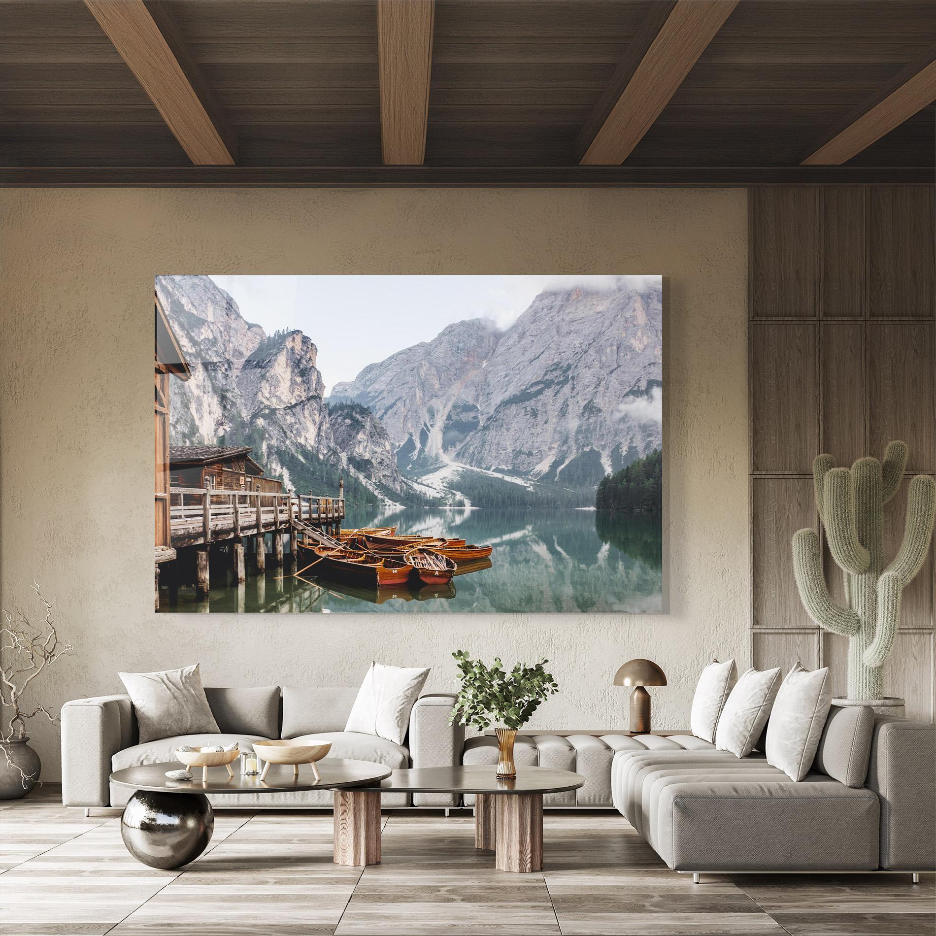 Tablou Sticla Boat Lake Mountain mockup 8