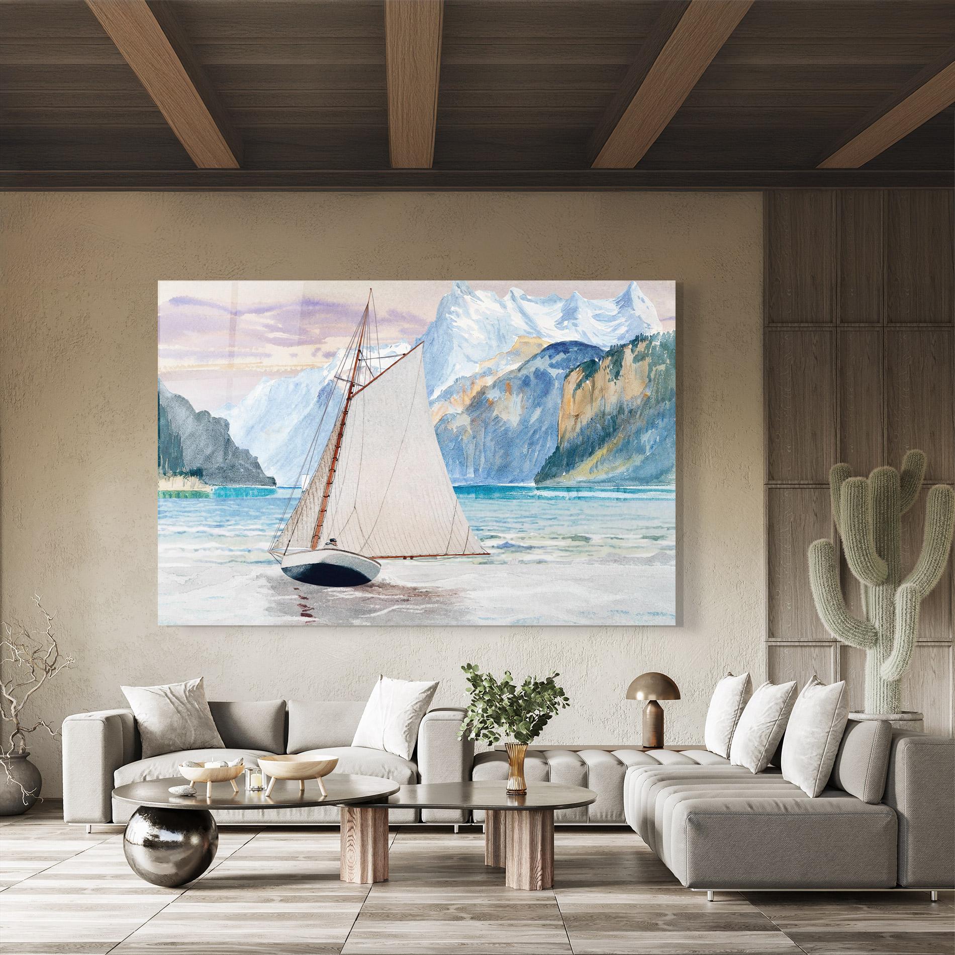 Tablou Sticla Boat Mountain View mockup 8