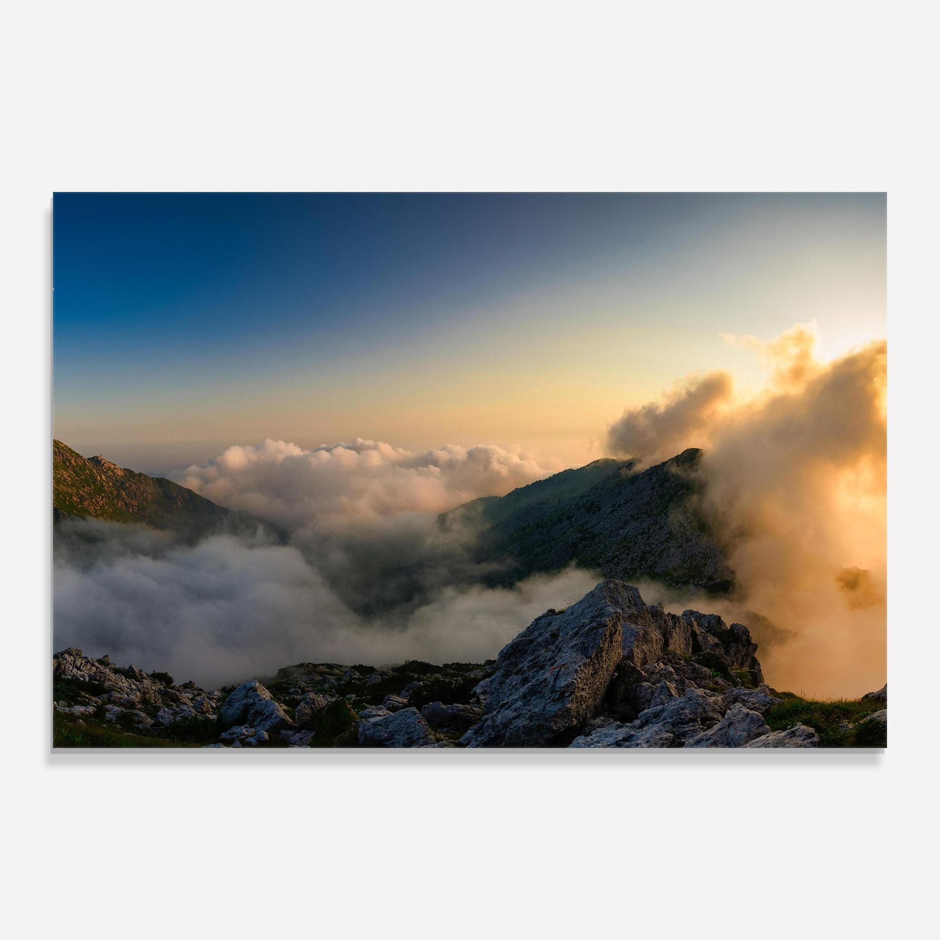 Tablou Sticla Panoramic Mountains Clouds mockup 0