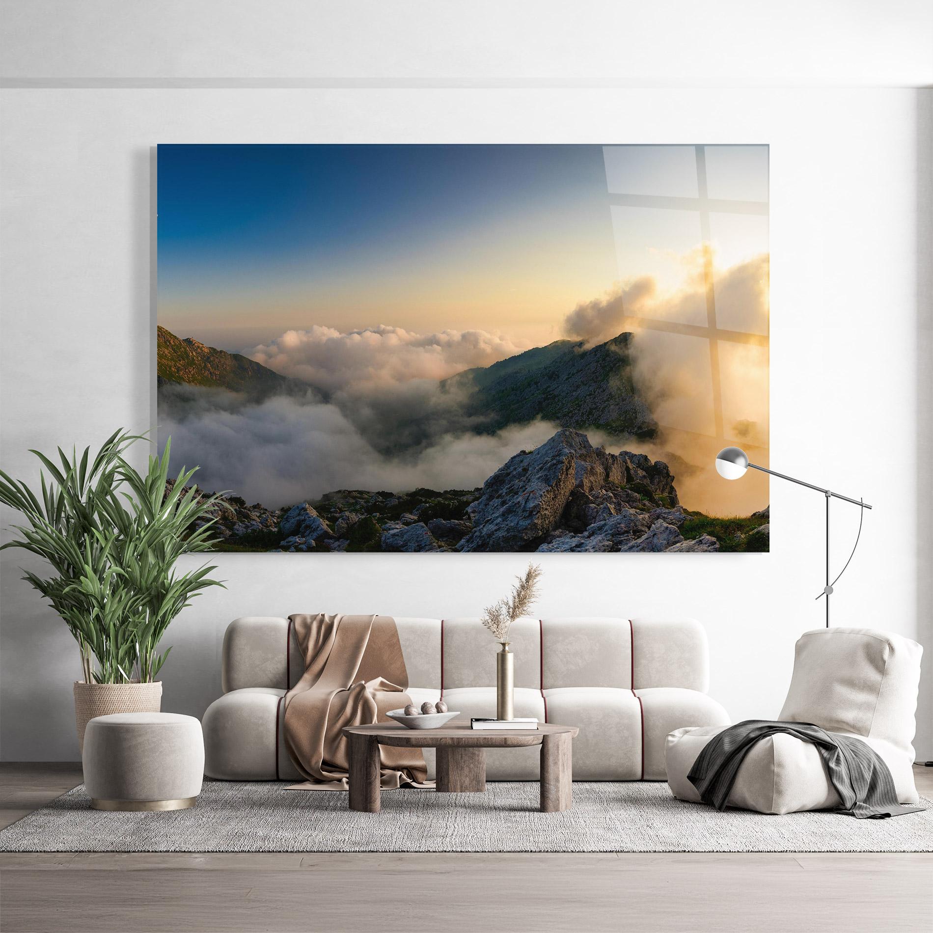 Tablou Sticla Panoramic Mountains Clouds mockup 9