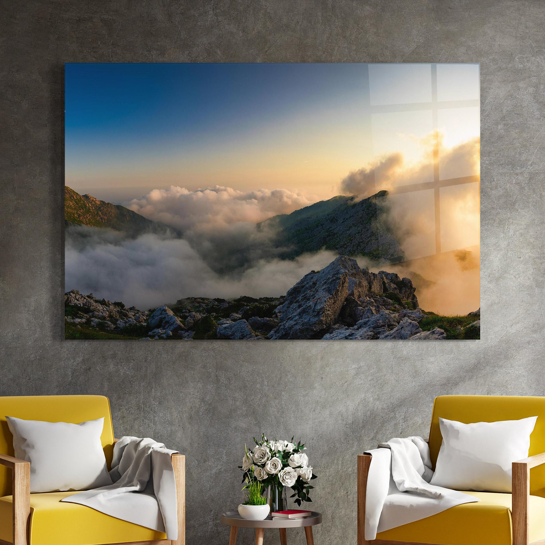 Tablou Sticla Panoramic Mountains Clouds mockup 4