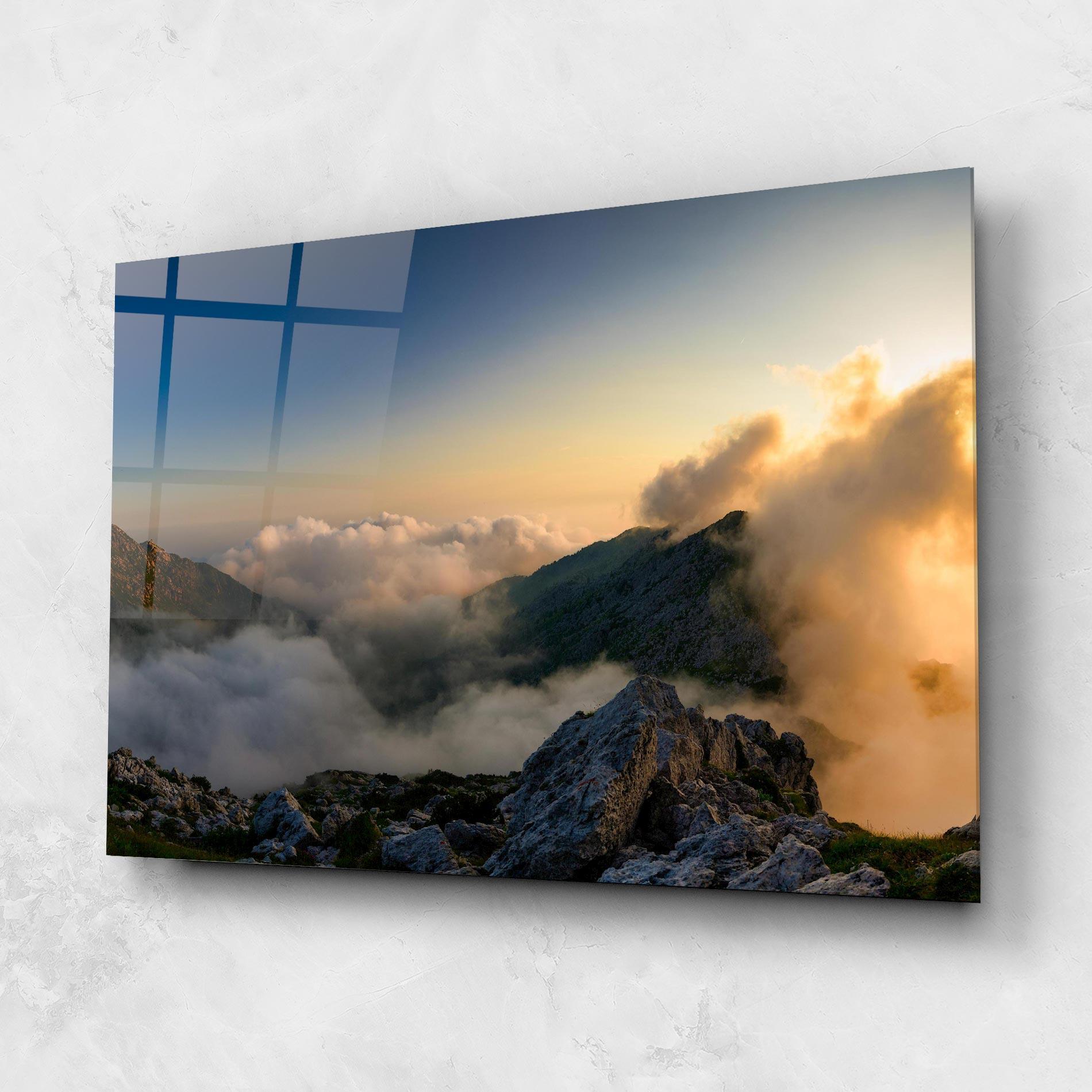 Tablou Sticla Panoramic Mountains Clouds mockup 1