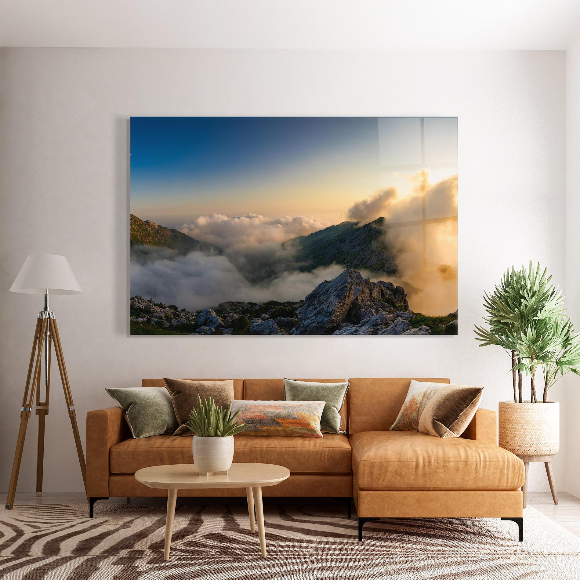 Tablou Sticla Panoramic Mountains Clouds mockup 7