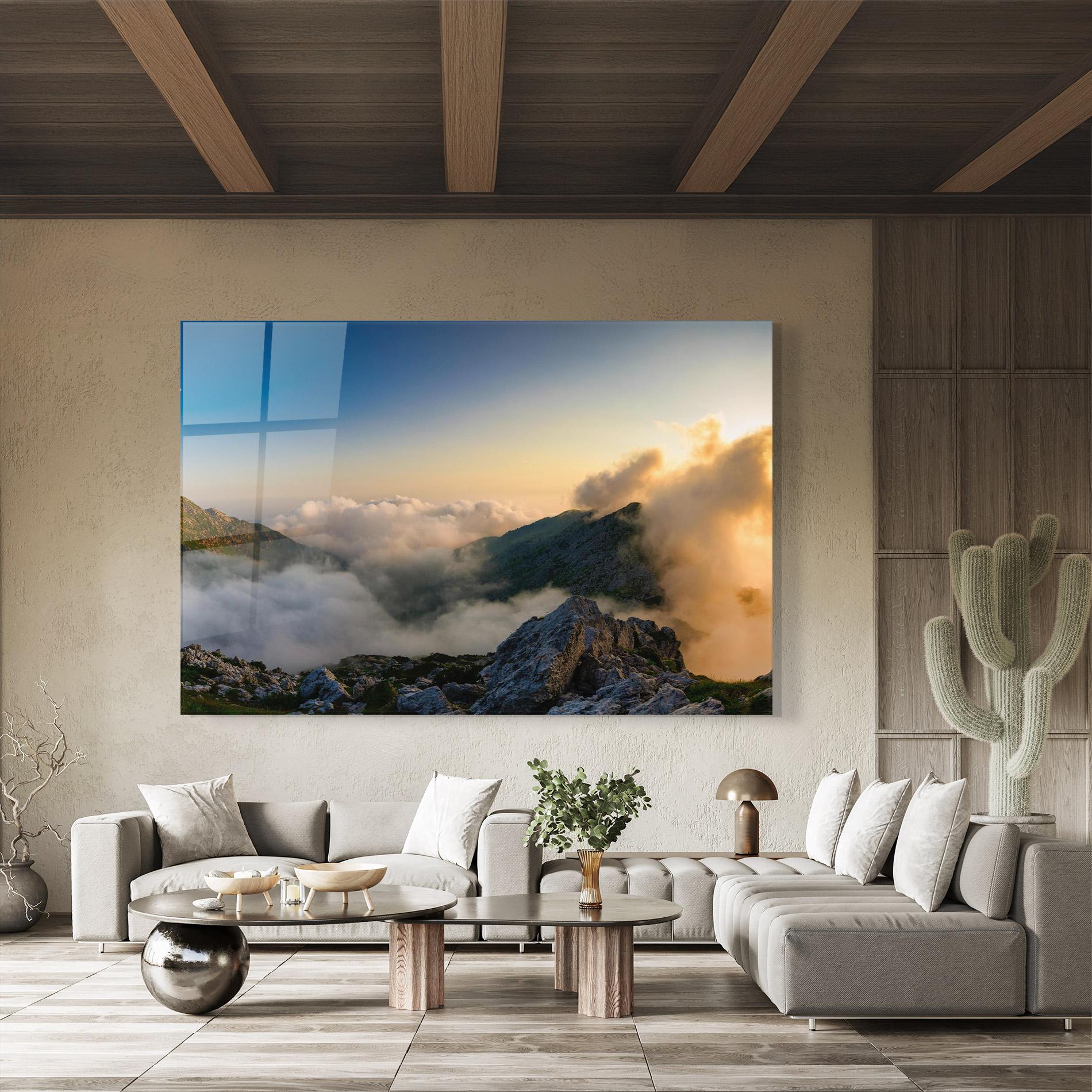 Tablou Sticla Panoramic Mountains Clouds mockup 8
