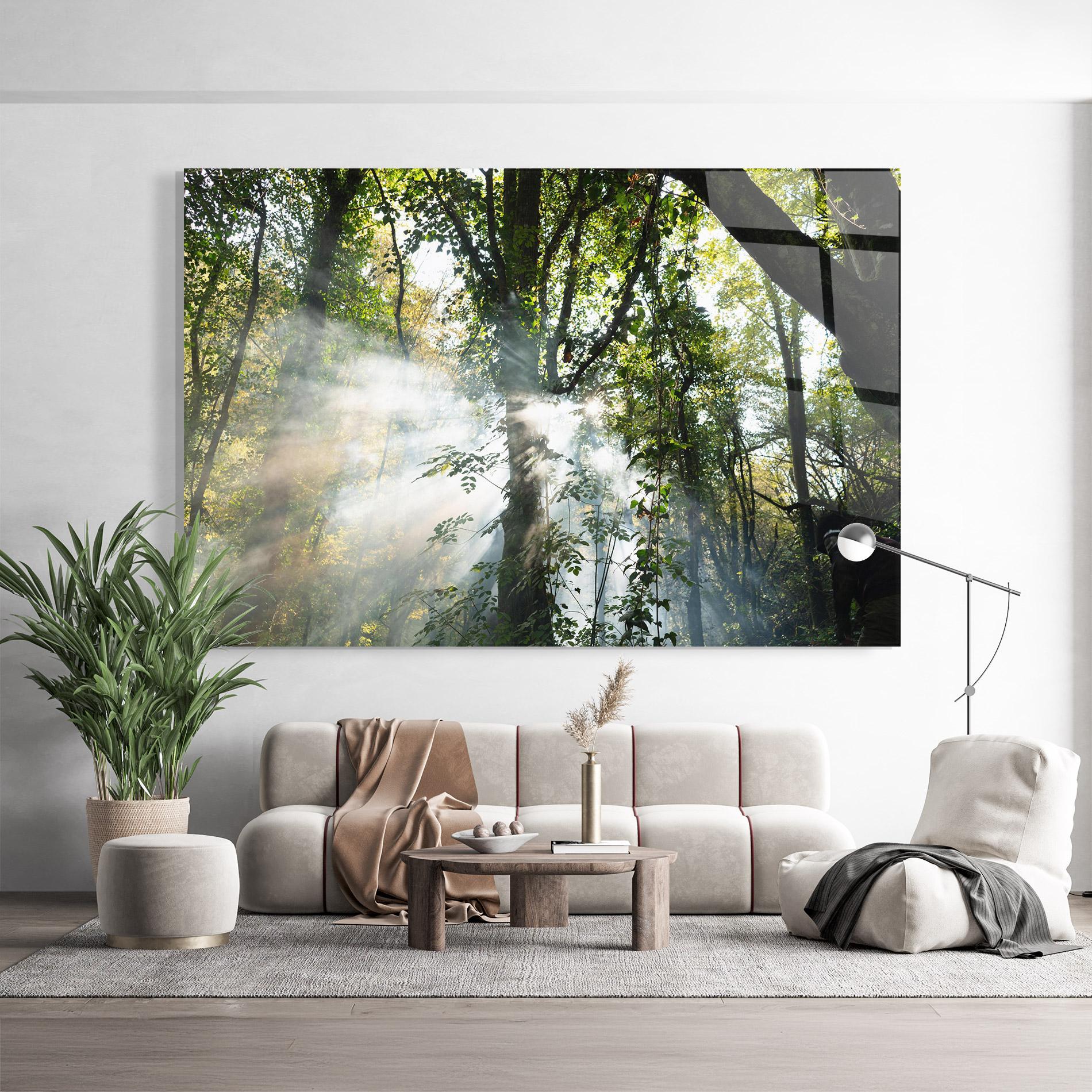 Tablou Sticla Foggy Light Forest mockup 9