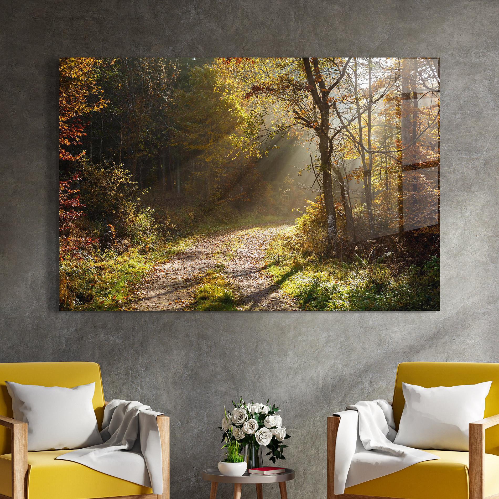 Tablou Sticla Autumn Trees Sun mockup 4