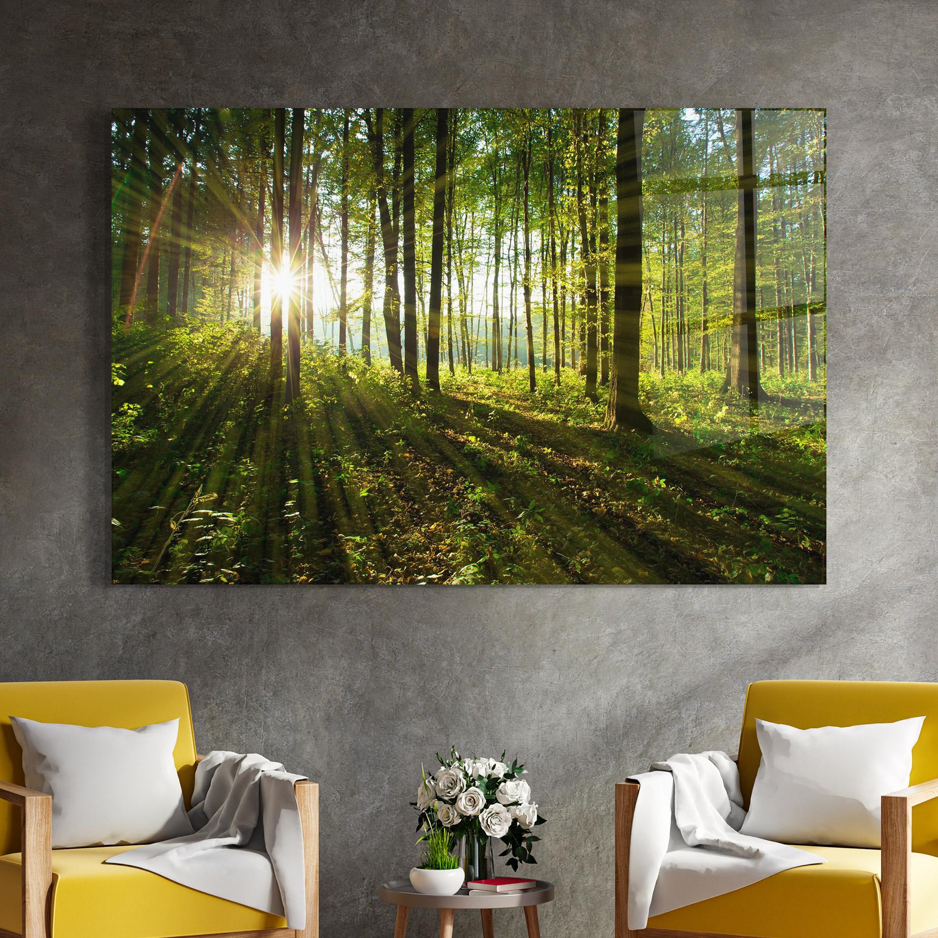 Tablou Sticla Green Light Forest mockup 4