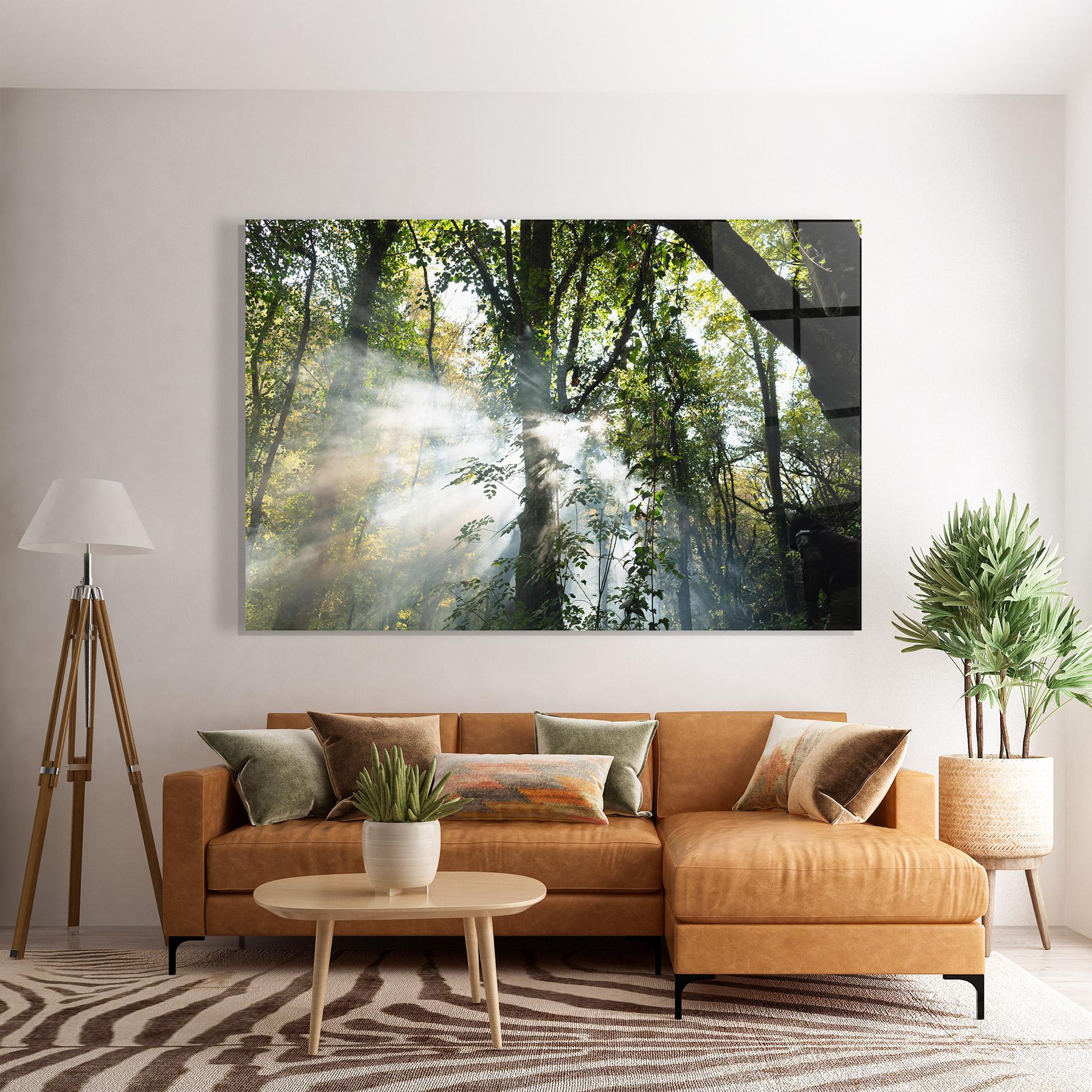 Tablou Sticla Foggy Light Forest mockup 7