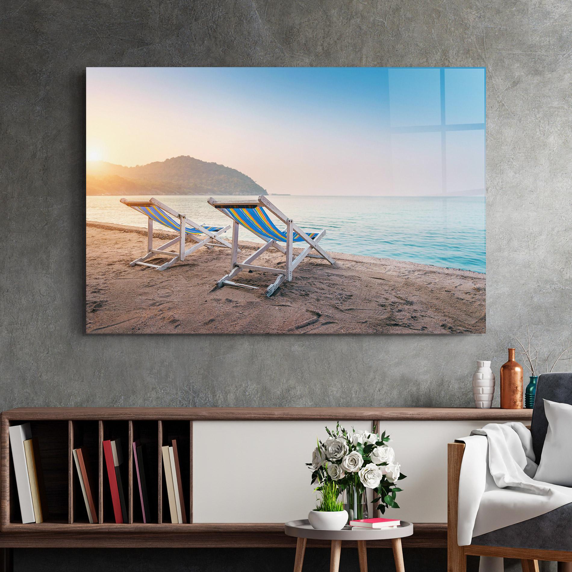 Tablou Sticla Colorful Beach Chairs mockup 2