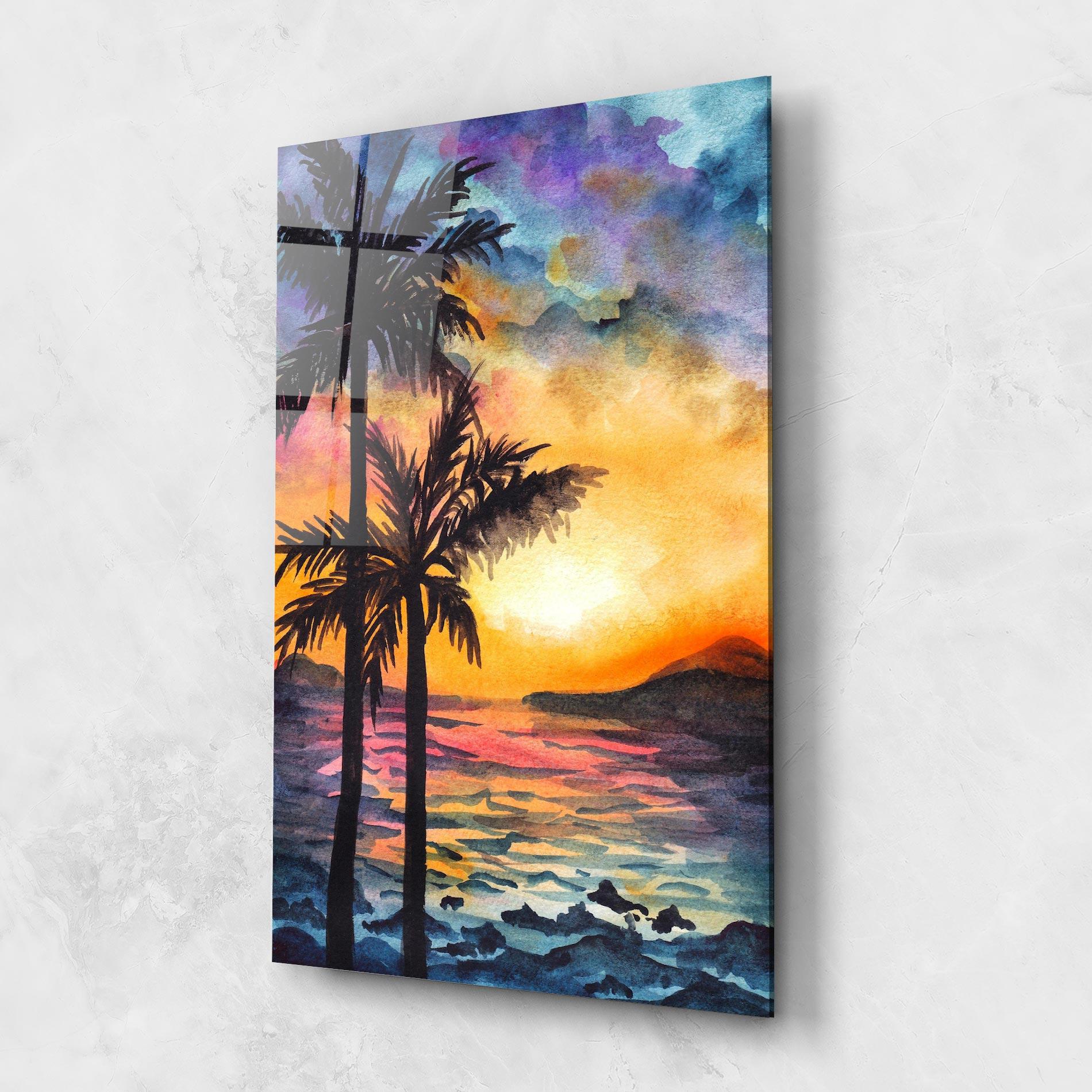 Tablou Sticla Sunset Tree Beach mockup 1