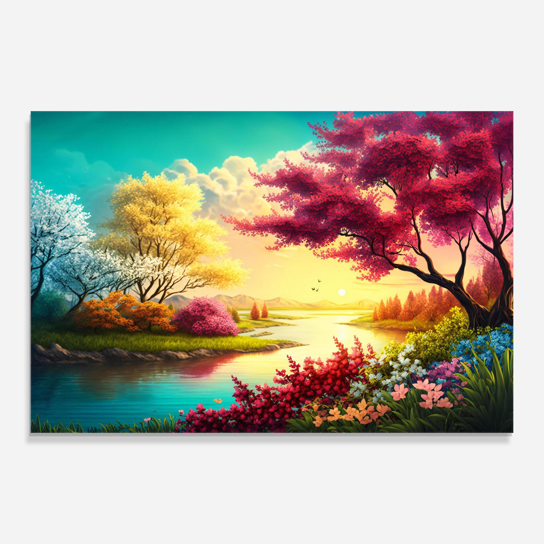 Tablou Sticla Pink Yellow Trees mockup 0