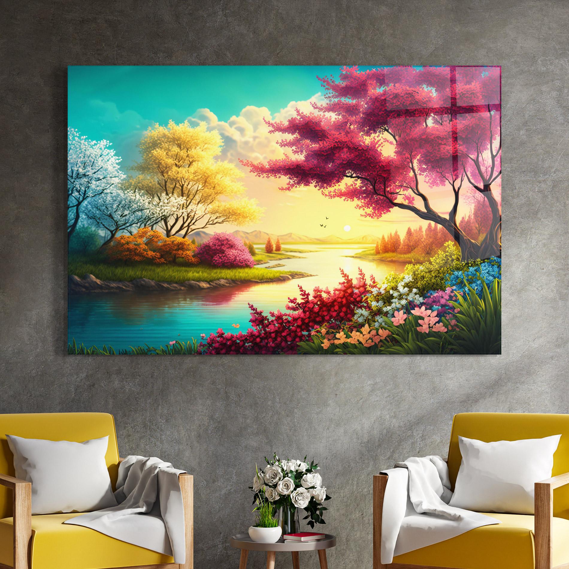 Tablou Sticla Pink Yellow Trees mockup 4