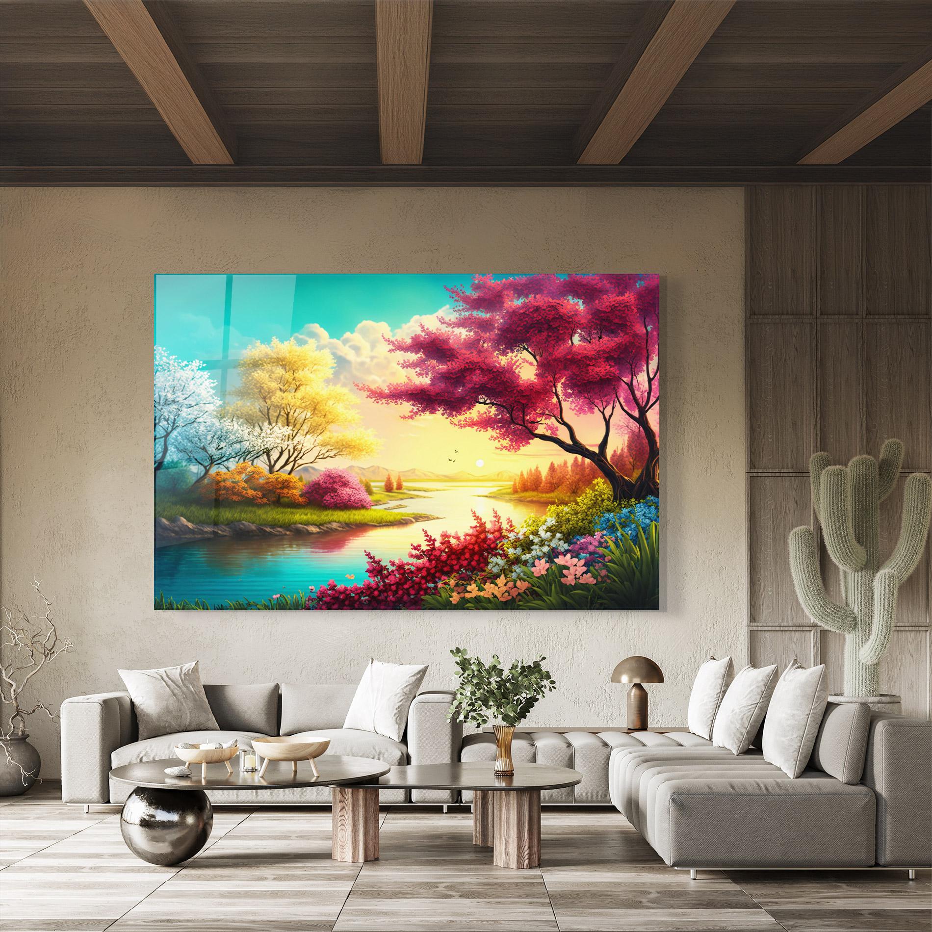 Tablou Sticla Pink Yellow Trees mockup 8