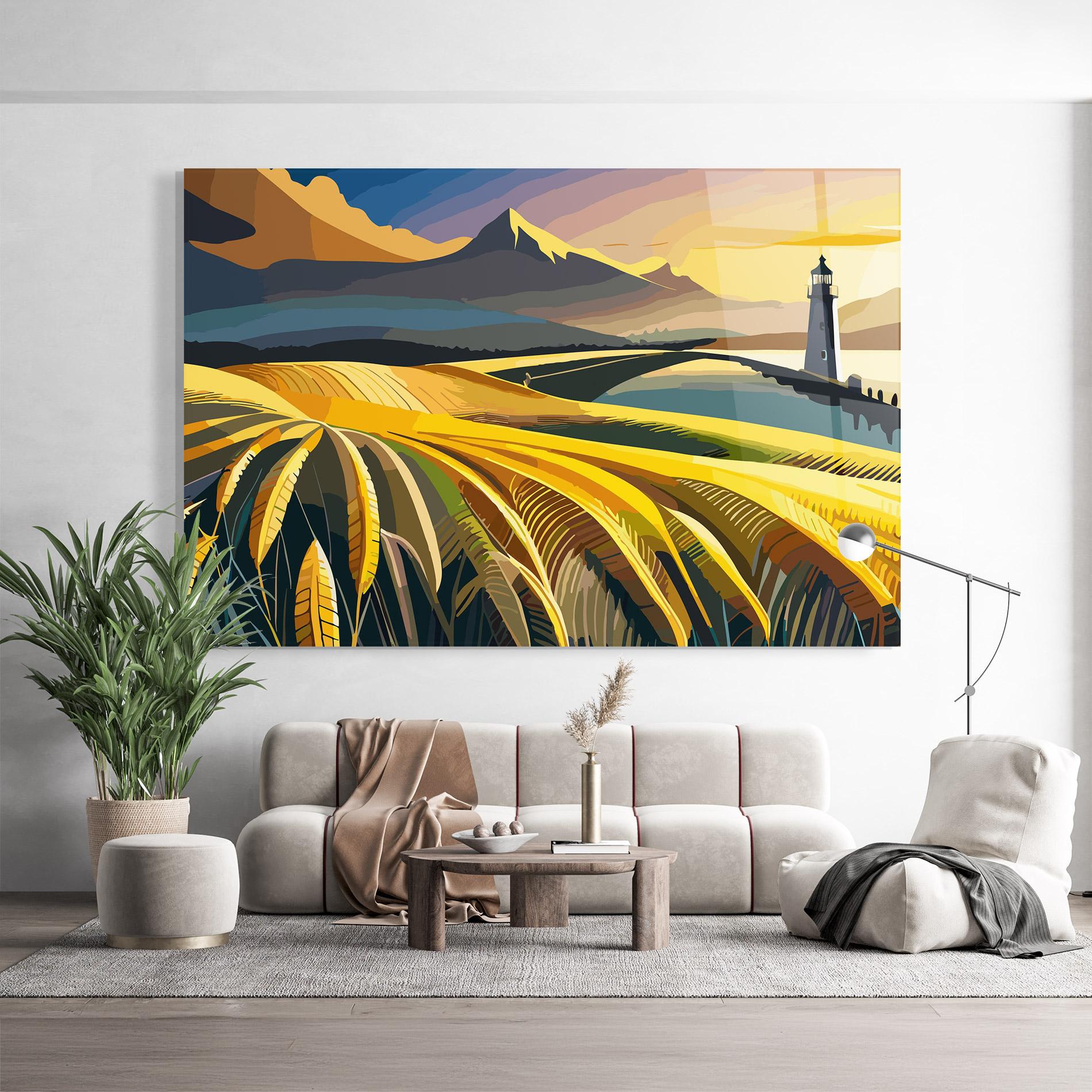 Tablou Sticla Yellow Field Tower mockup 9