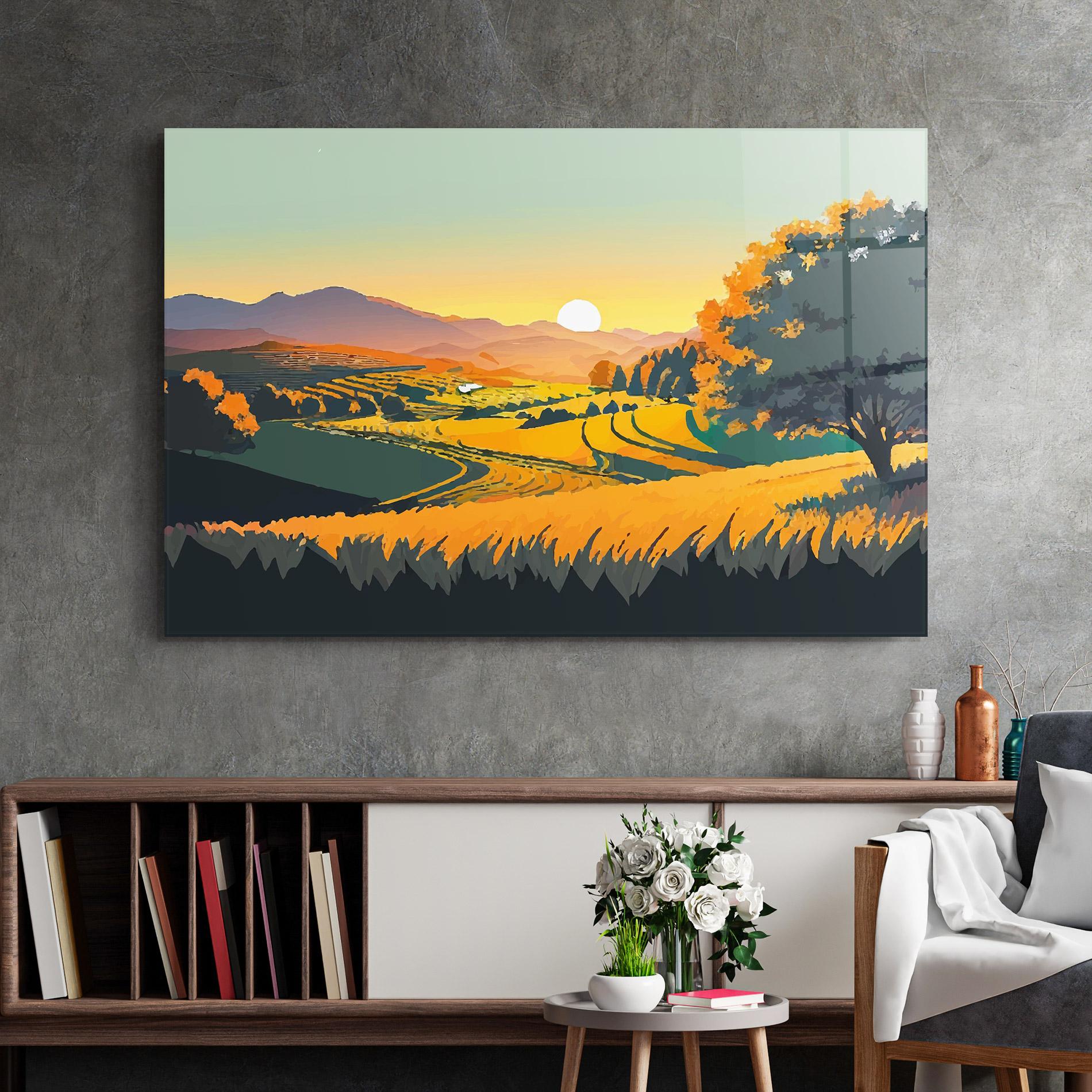 Tablou Sticla Rural Sunset Field mockup 2