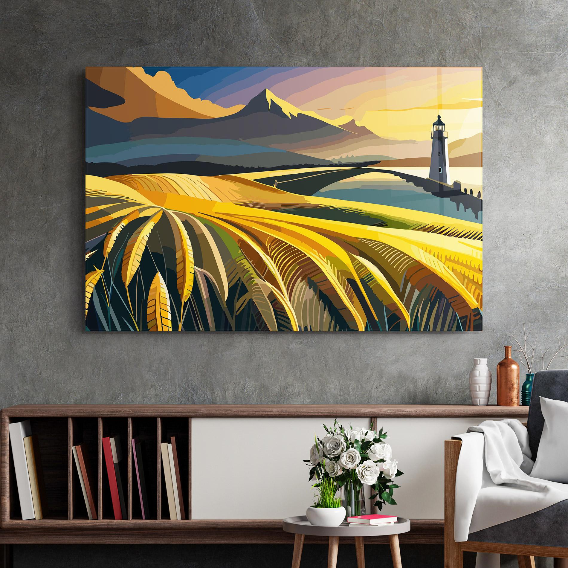 Tablou Sticla Yellow Field Tower mockup 2