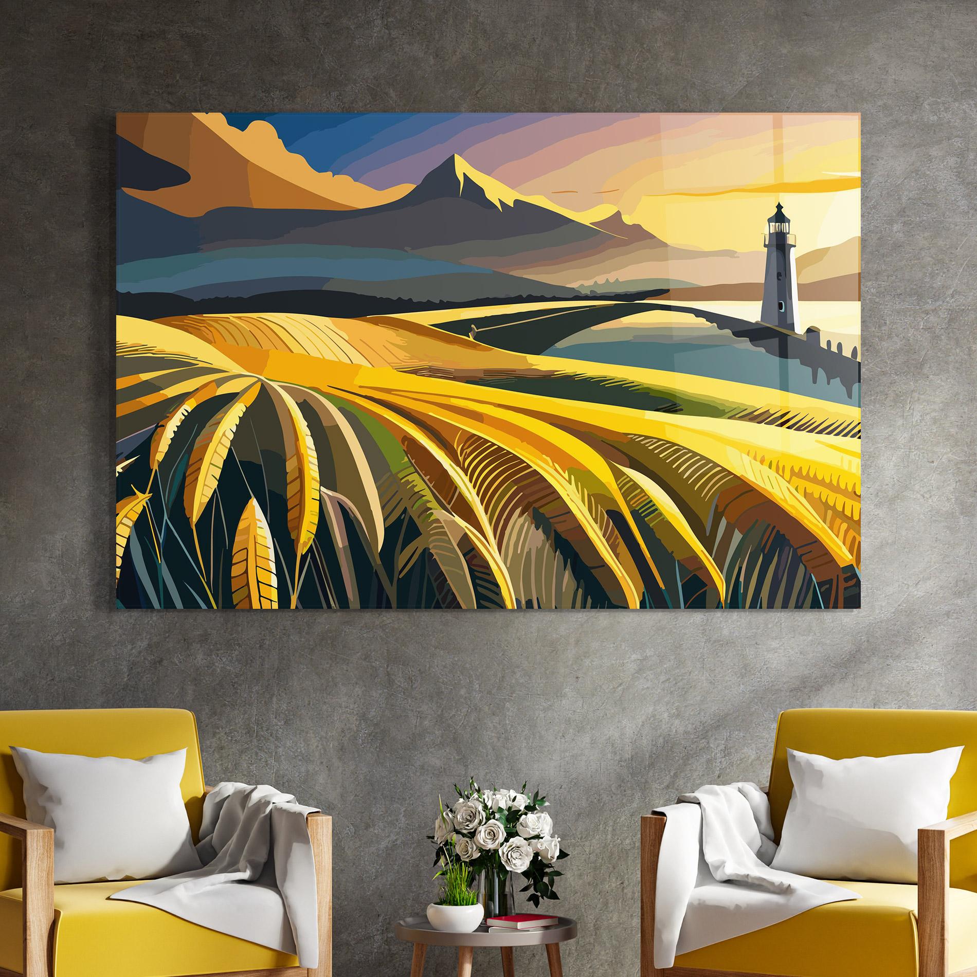 Tablou Sticla Yellow Field Tower mockup 4