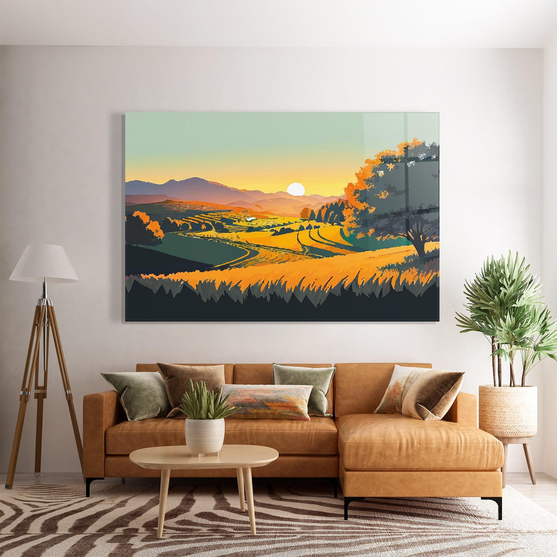 Tablou Sticla Rural Sunset Field mockup 7