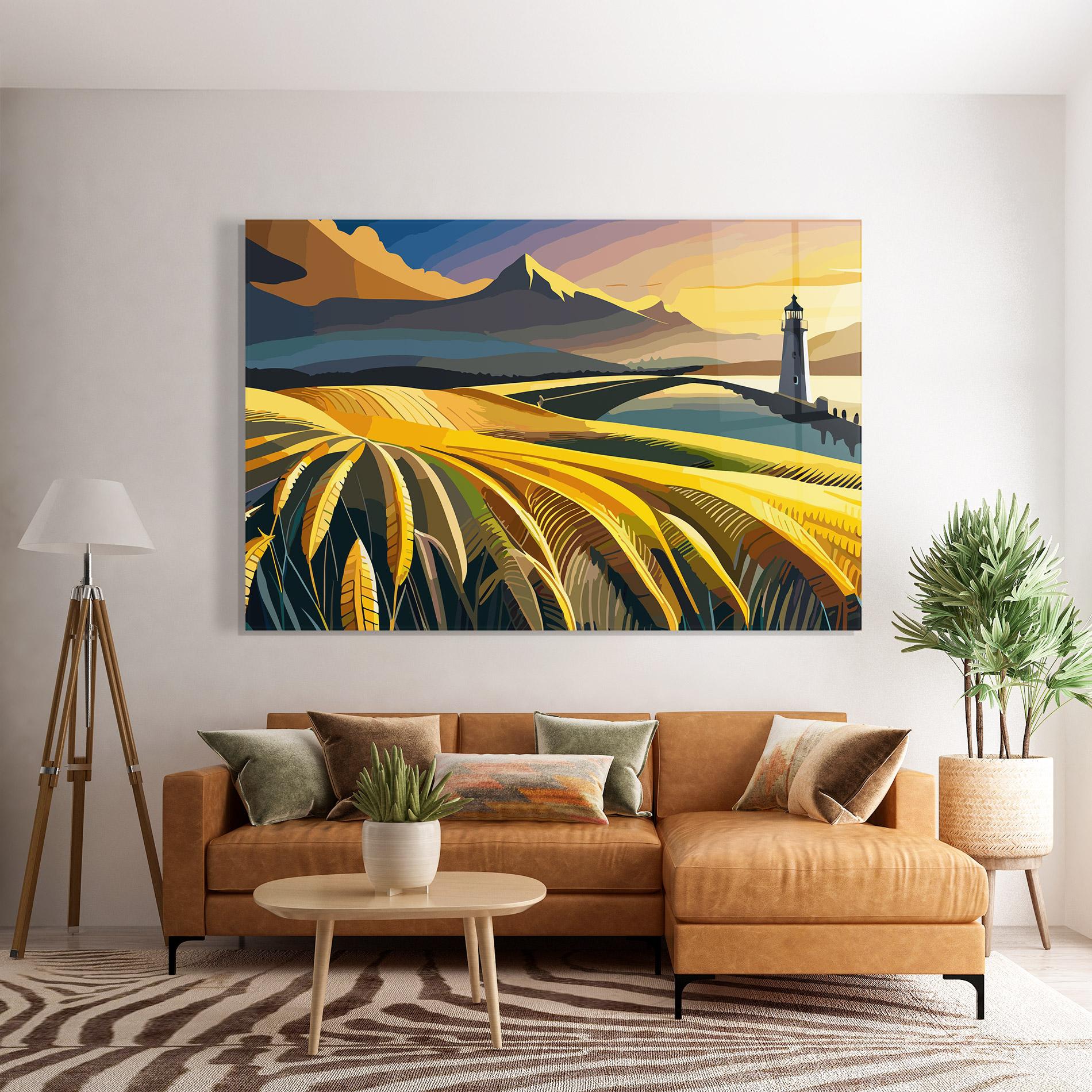 Tablou Sticla Yellow Field Tower mockup 7