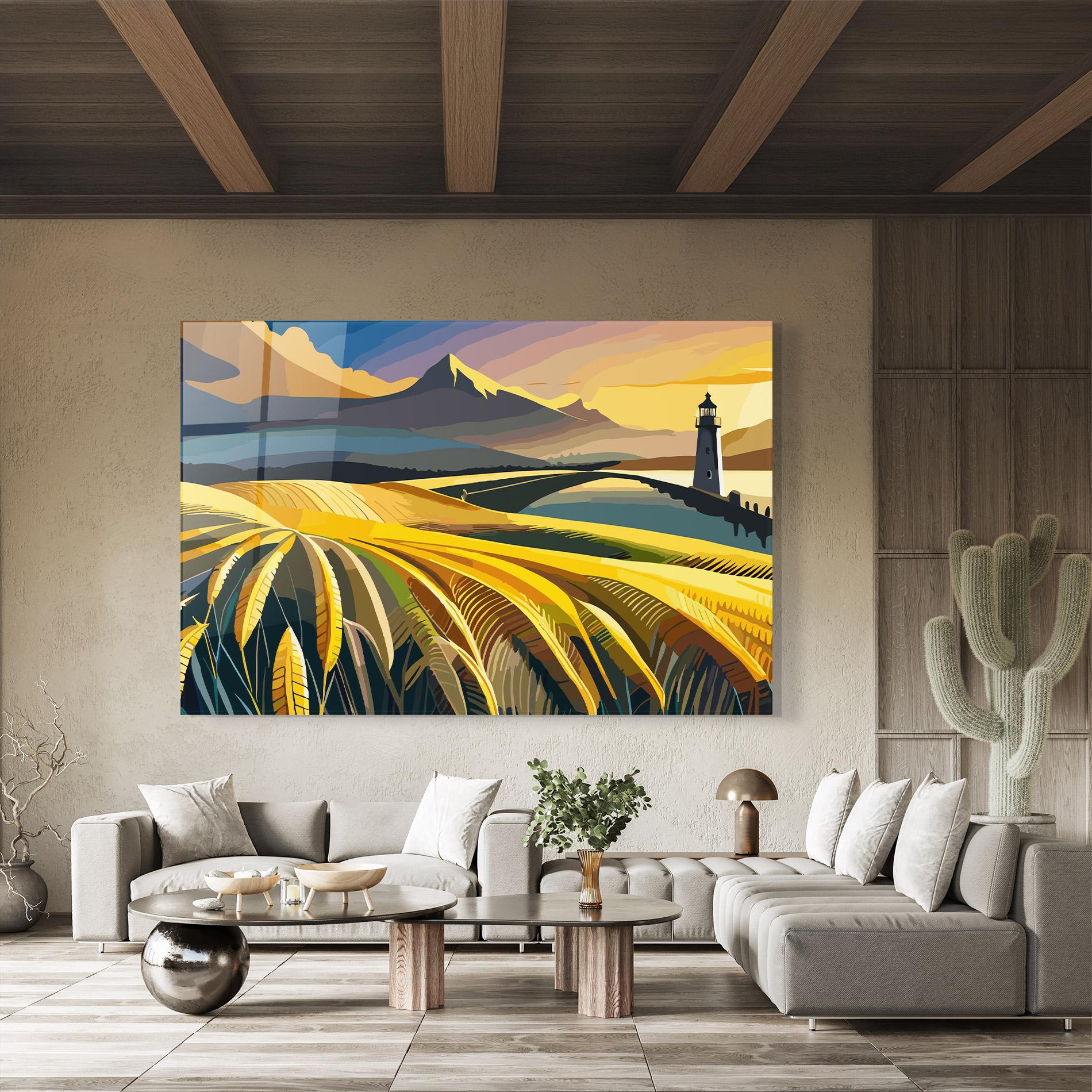 Tablou Sticla Yellow Field Tower mockup 8