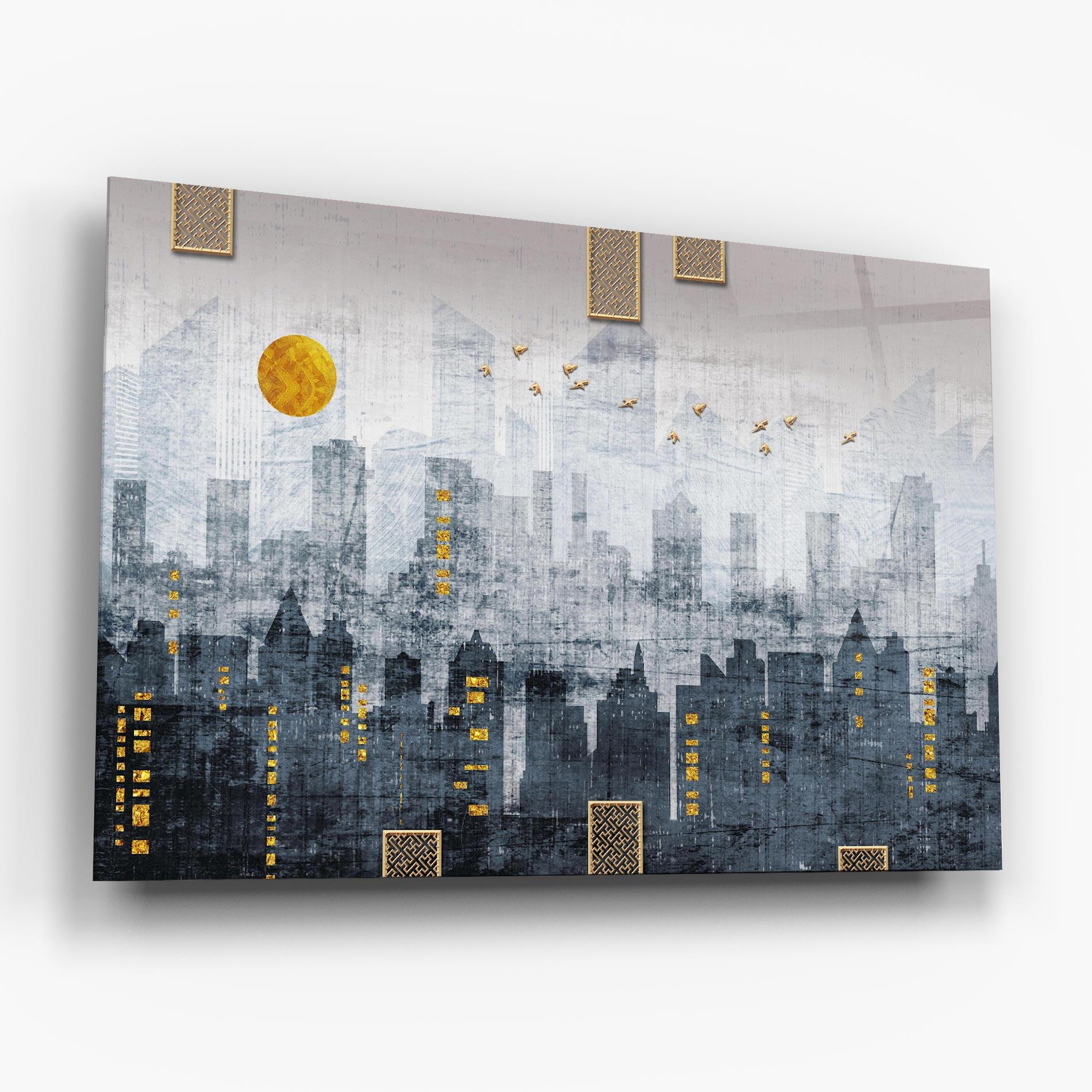 Tablou Sticla Golden Cityscape mockup 6