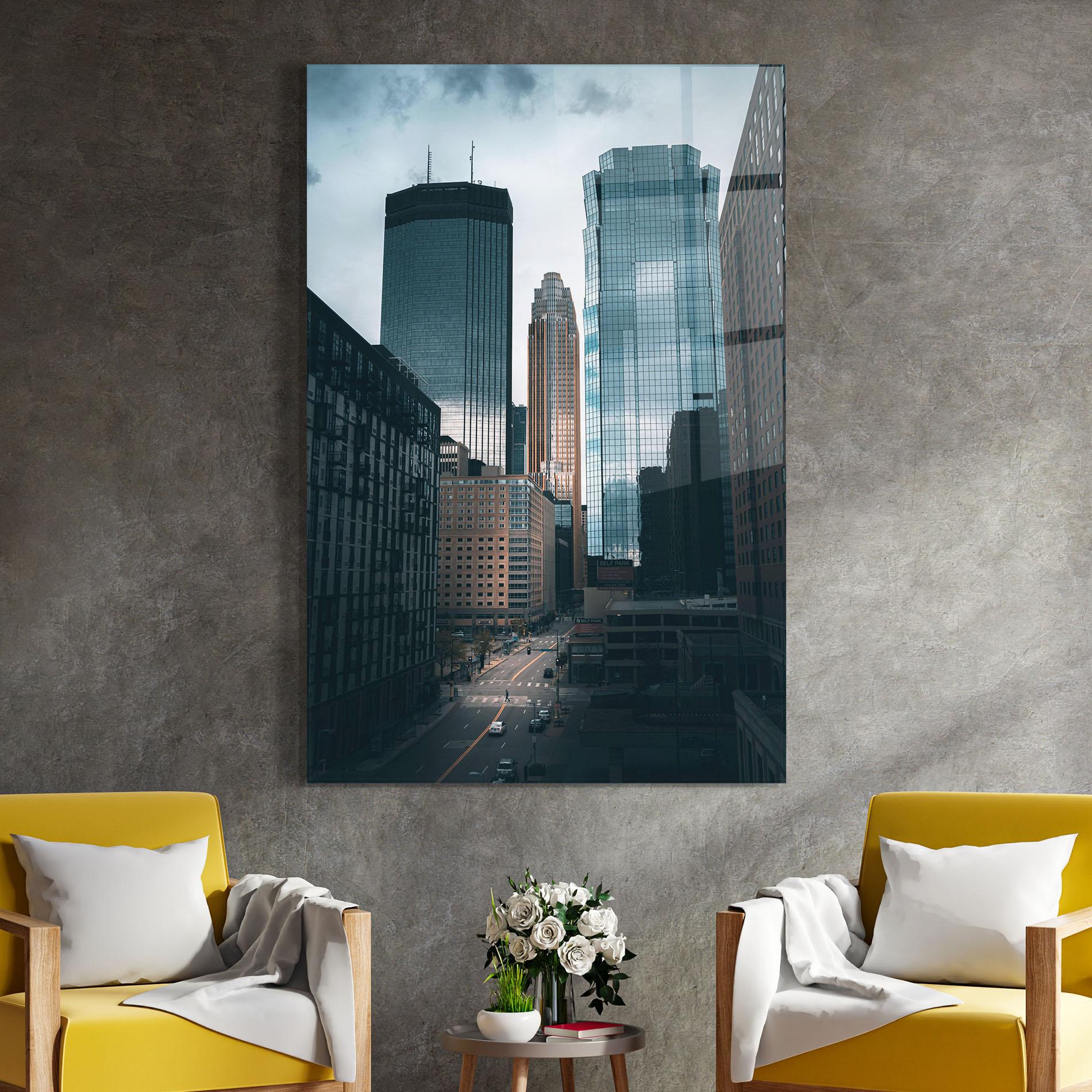 Tablou Sticla Big Blue Building mockup 4