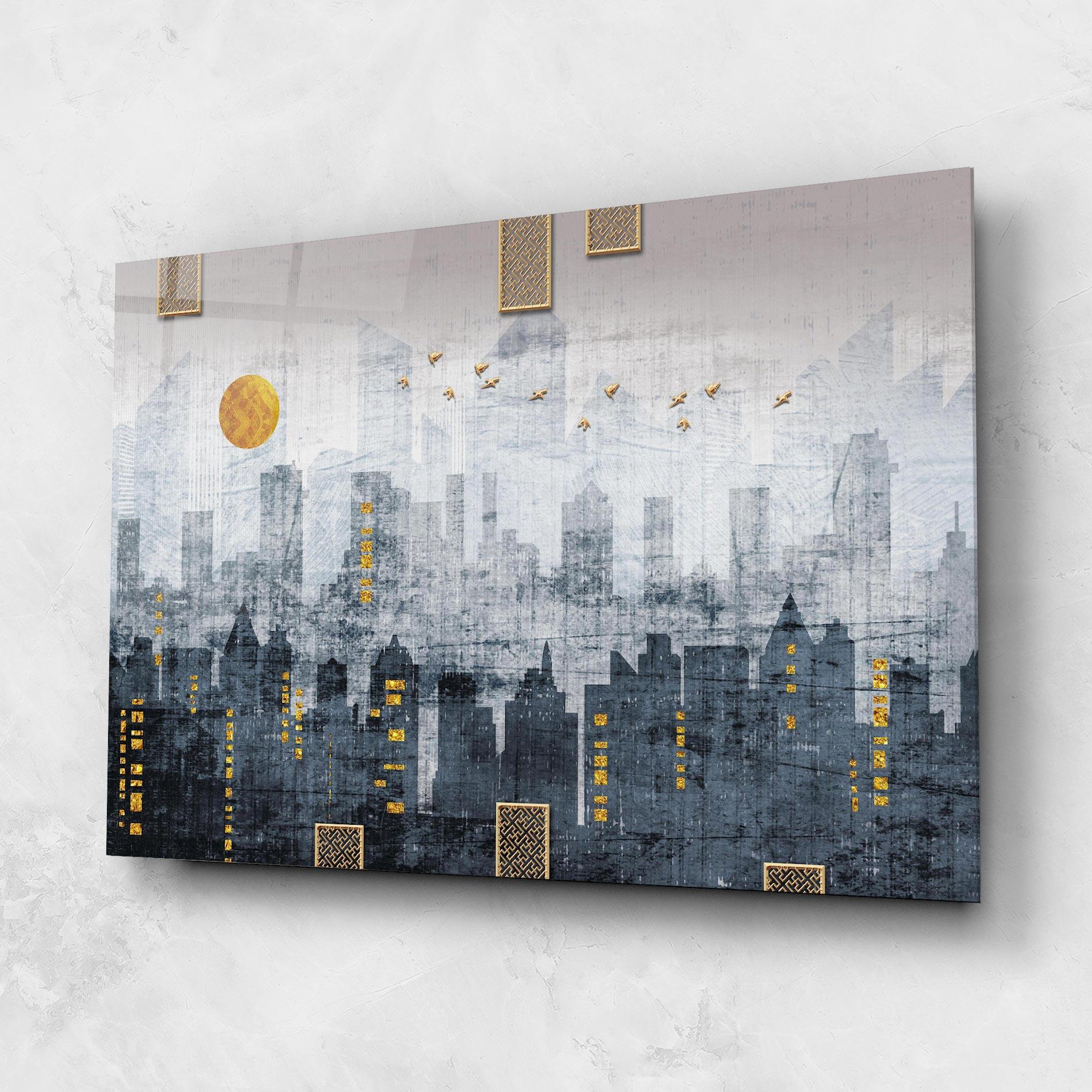 Tablou Sticla Golden Cityscape mockup 1