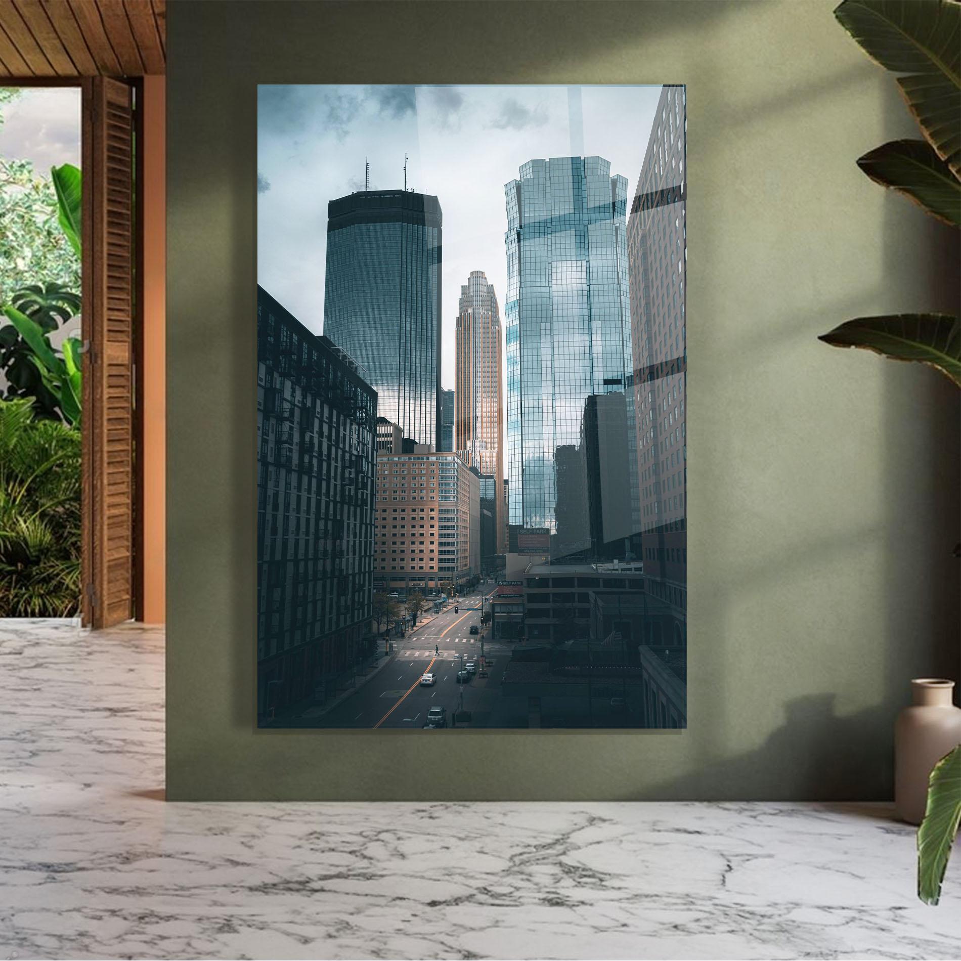 Tablou Sticla Big Blue Building mockup 7