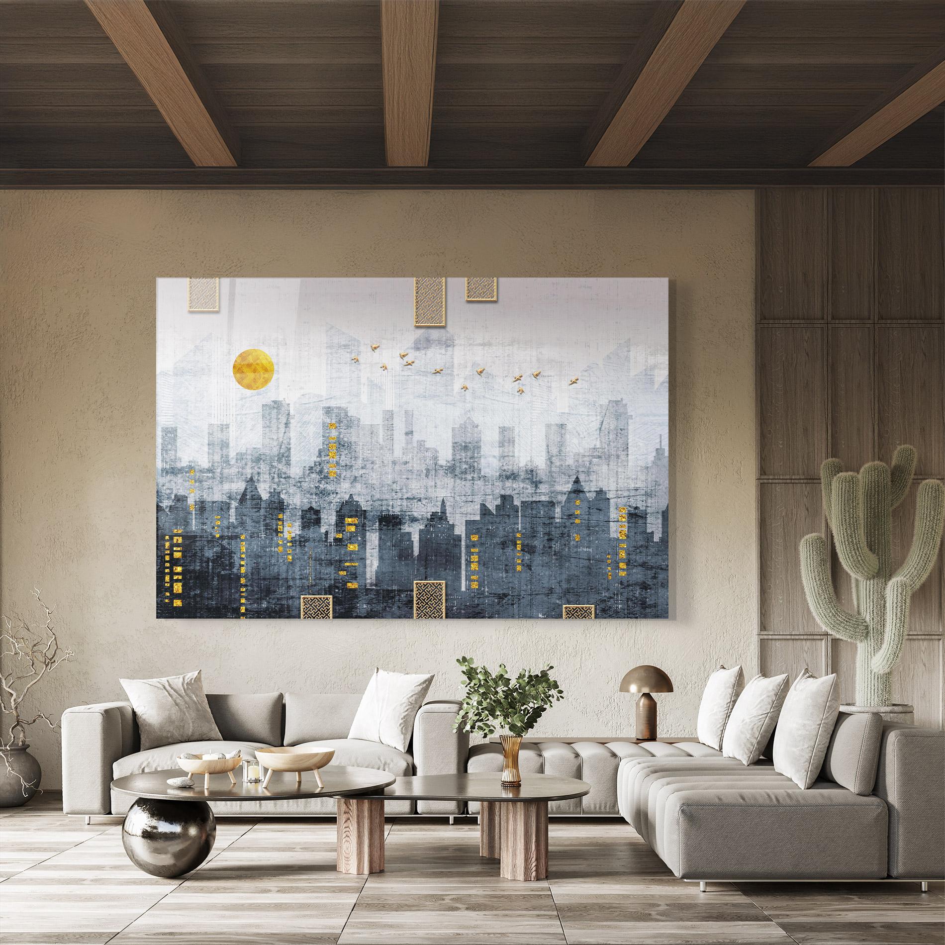 Tablou Sticla Golden Cityscape mockup 8