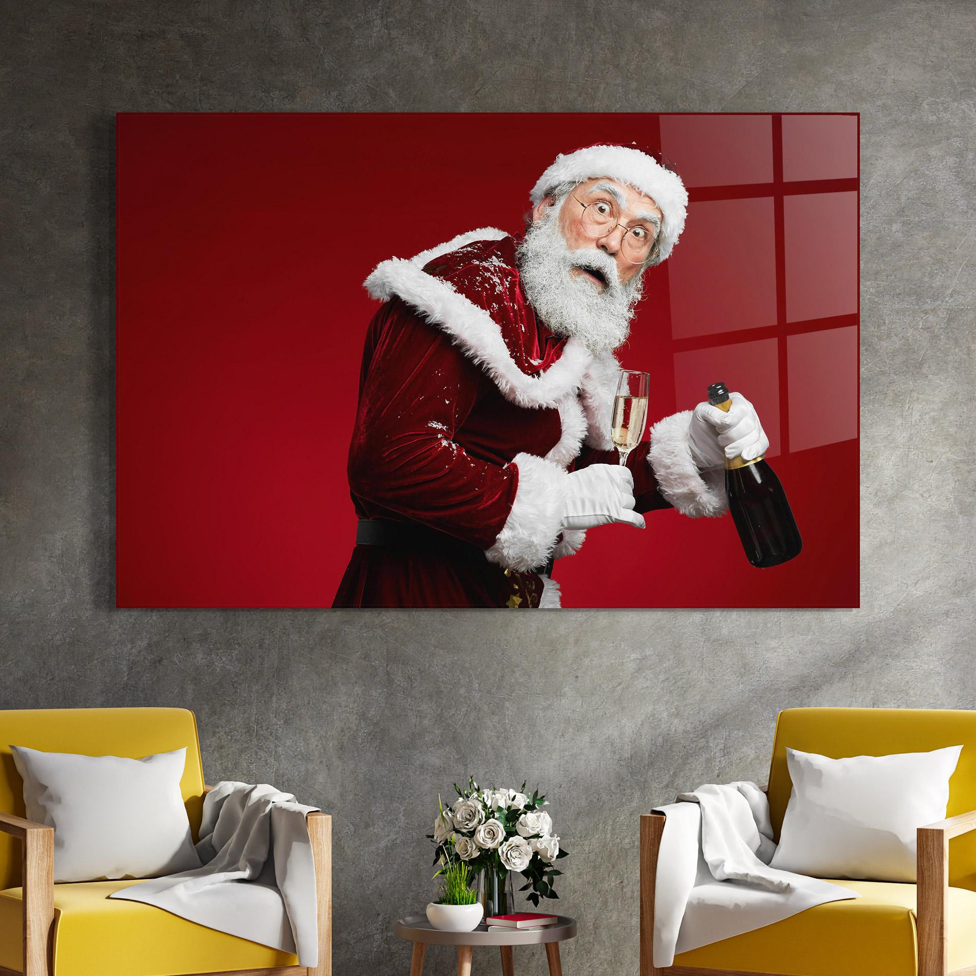 Tablou Sticla Holding Champagne Santa mockup 4