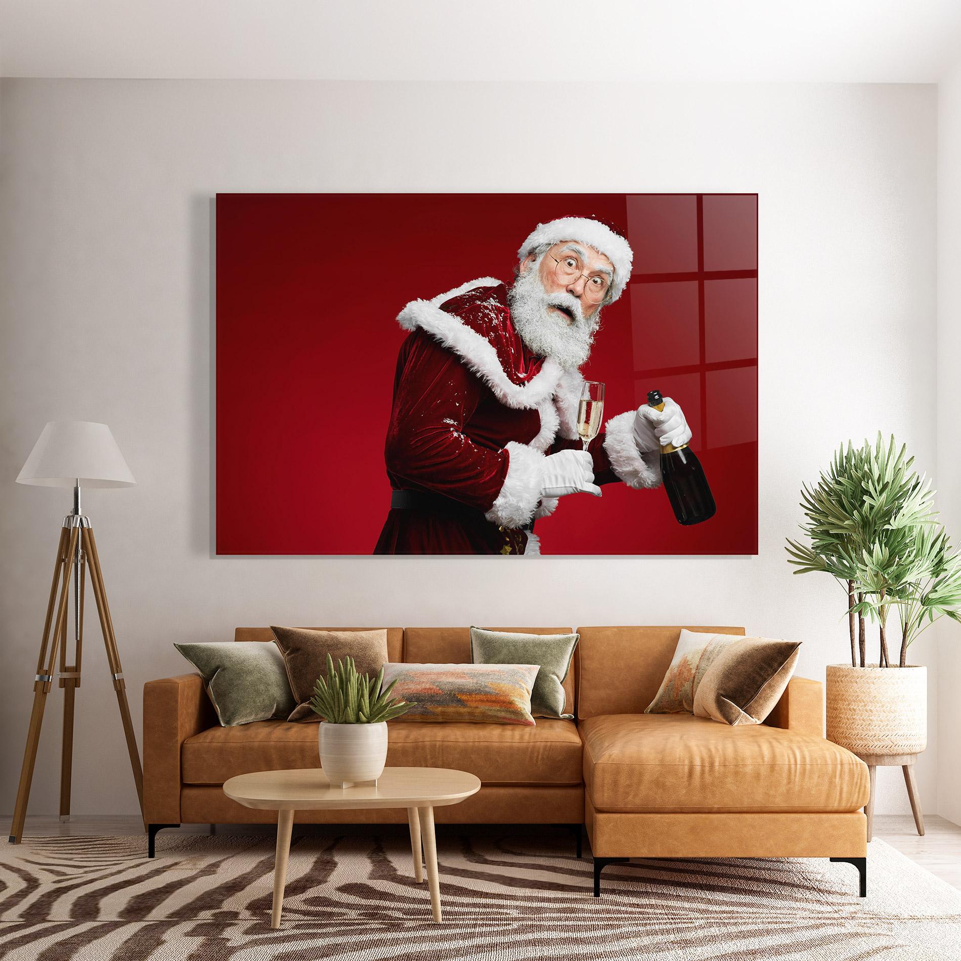 Tablou Sticla Holding Champagne Santa mockup 7