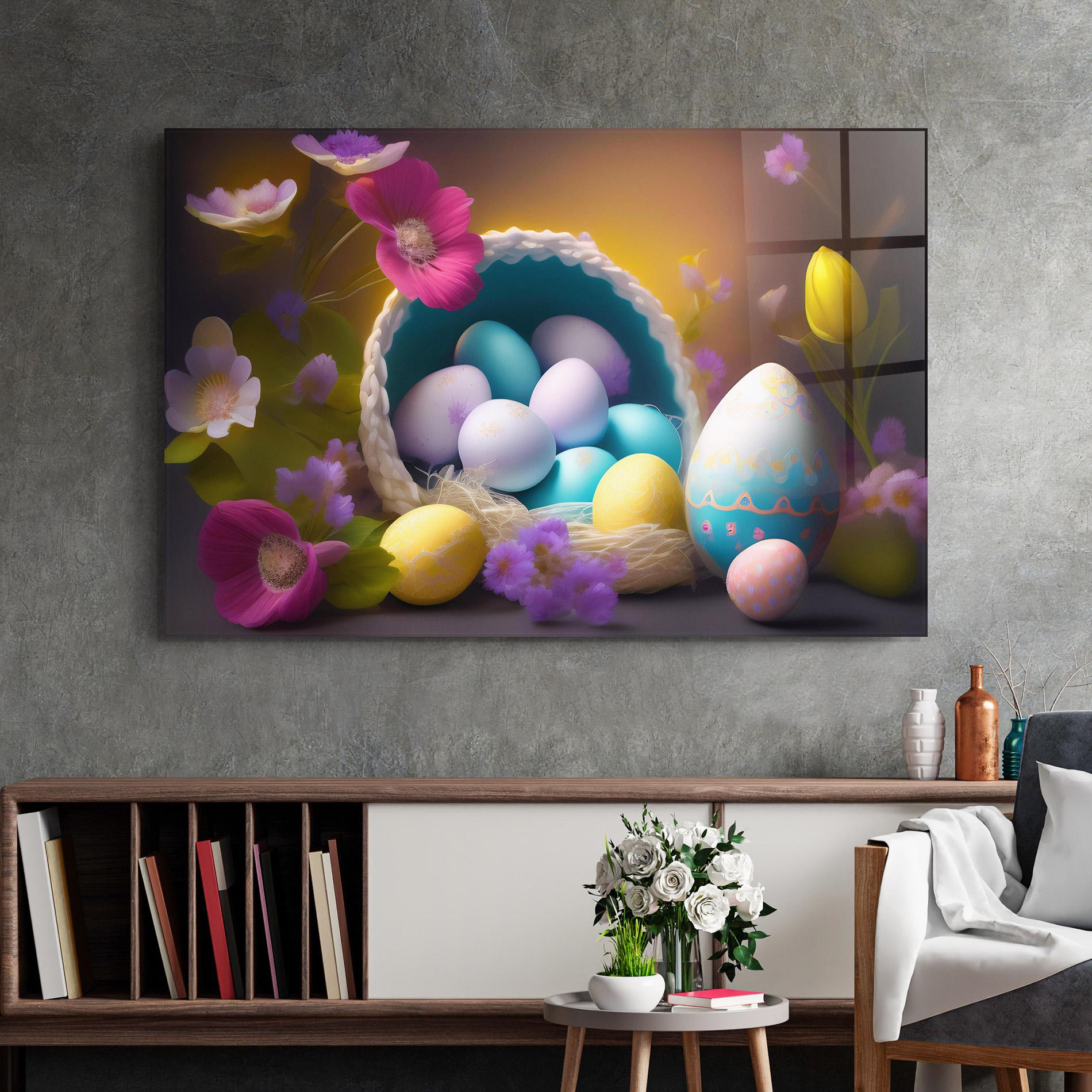 Tablou Sticla Eggs Basket With Flowers mockup 2