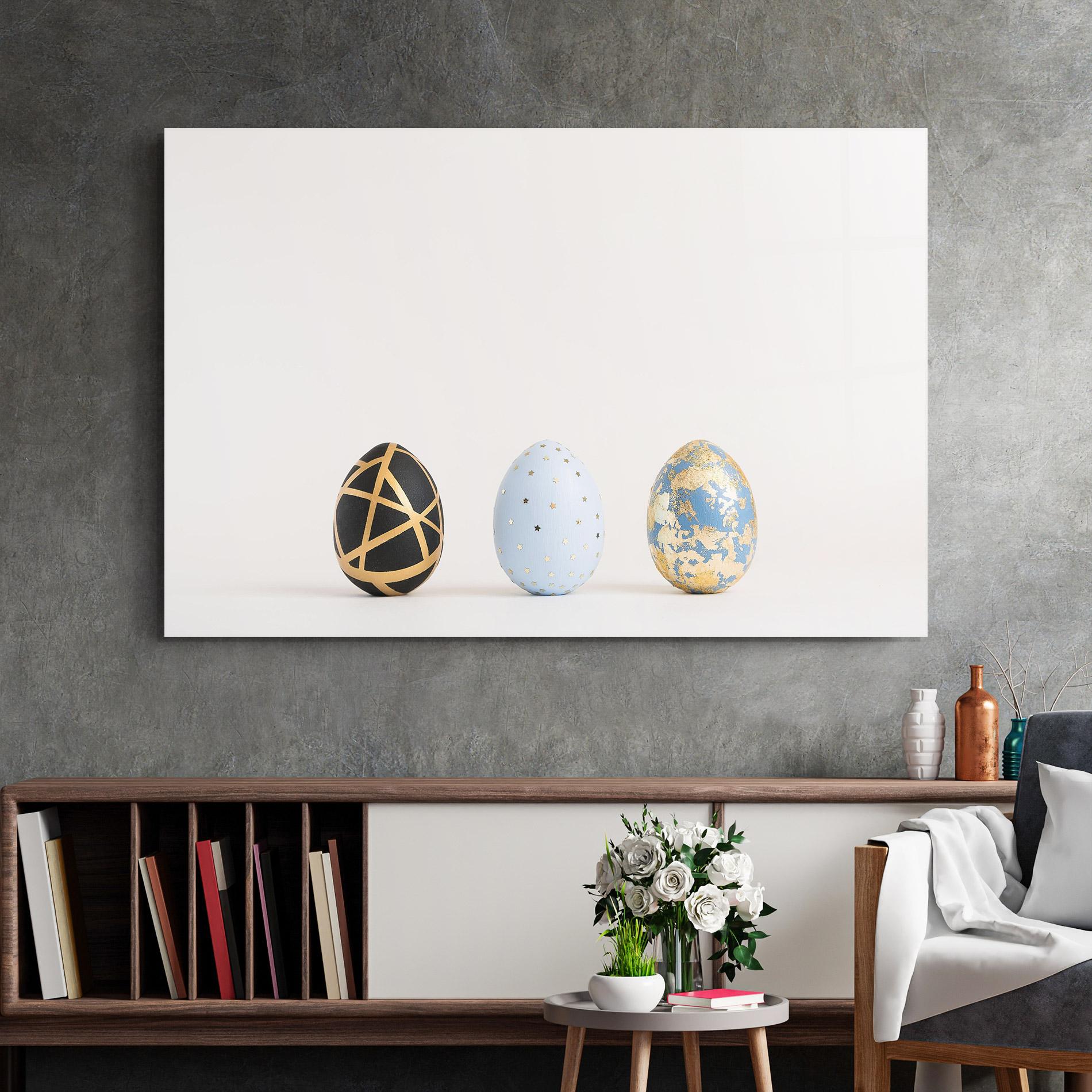 Tablou Sticla Three Easter Golden Eggs mockup 2