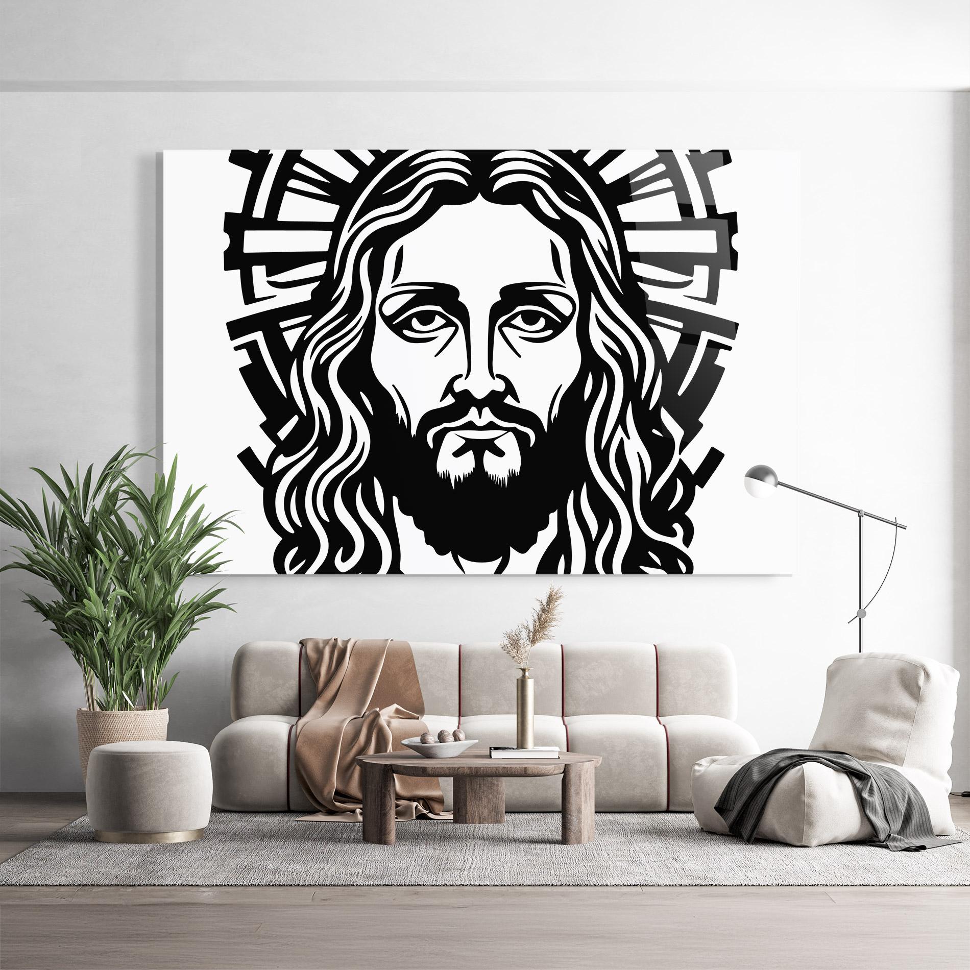 Tablou Sticla Black Line Jesus mockup 9