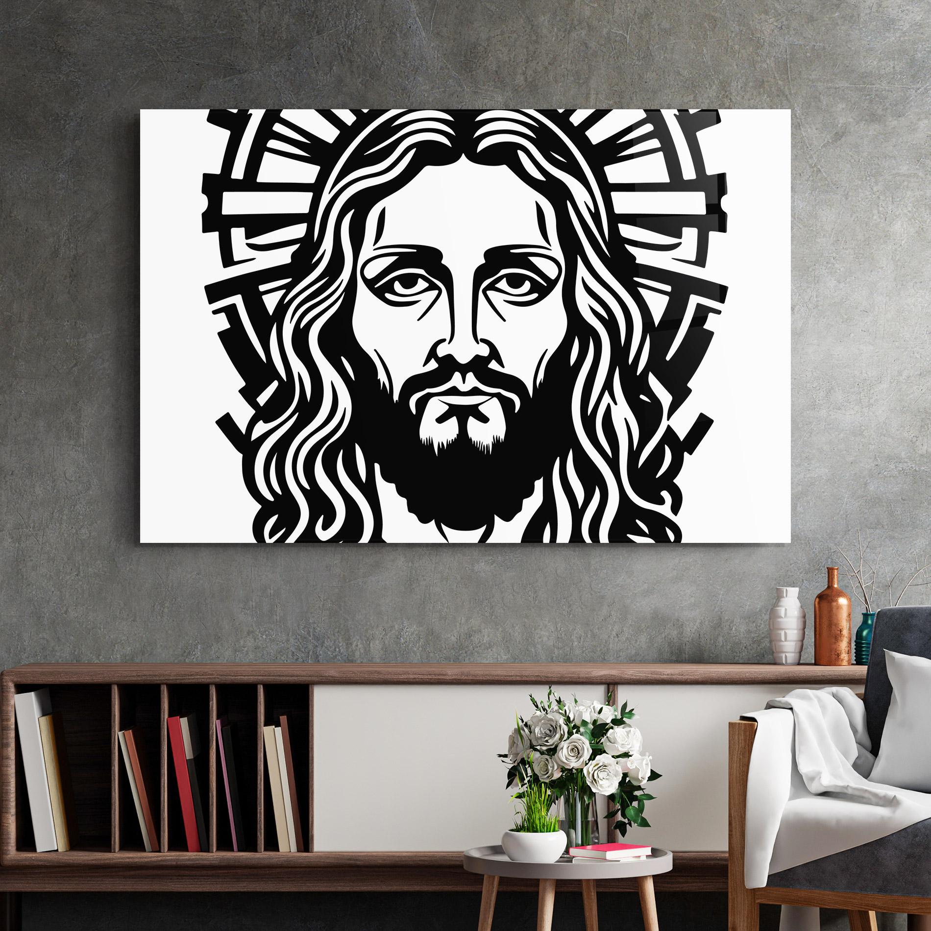 Tablou Sticla Black Line Jesus mockup 2