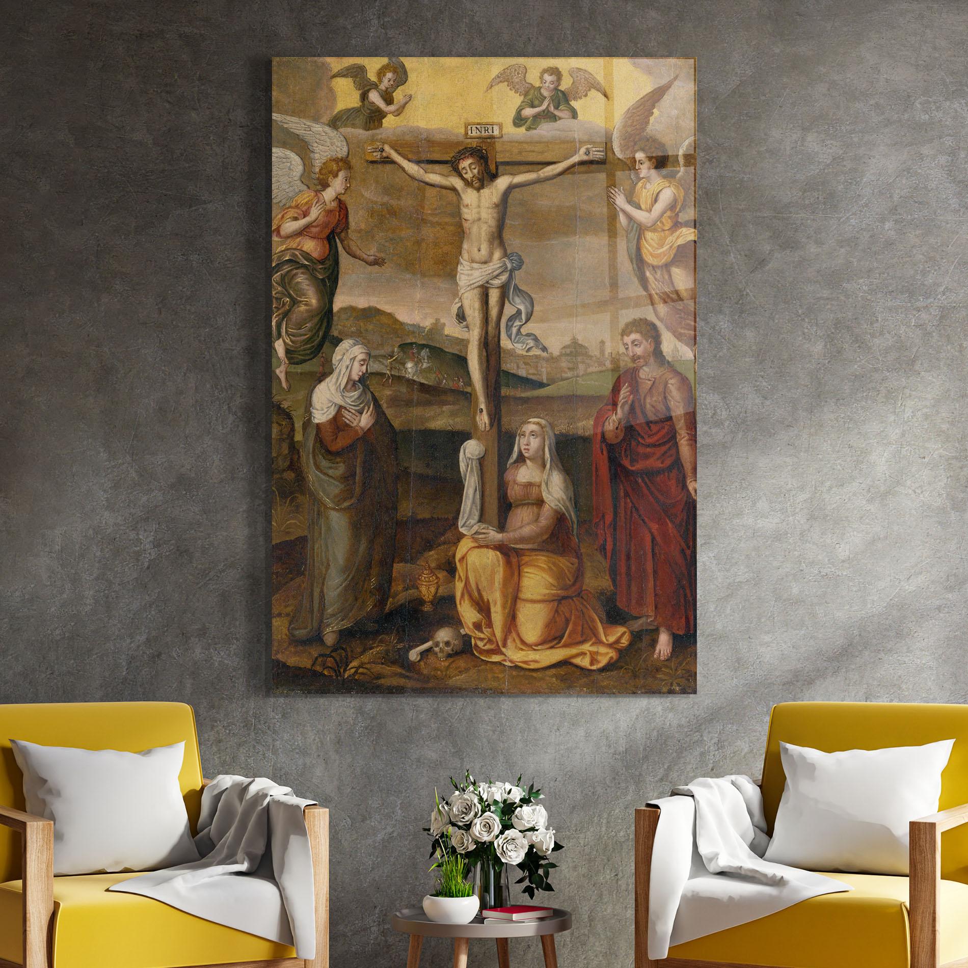 Tablou Sticla Holding Cross Jesus mockup 4